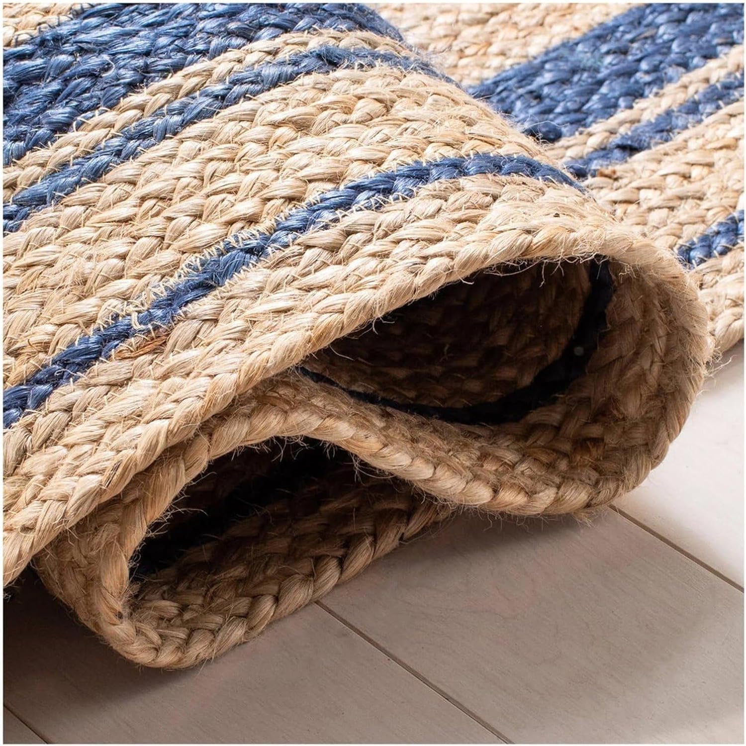 Tapis de sol en jute naturelle tressé à la main avec cadre bleu marine, tapis de table centrale, 1,5 x 2,4 m