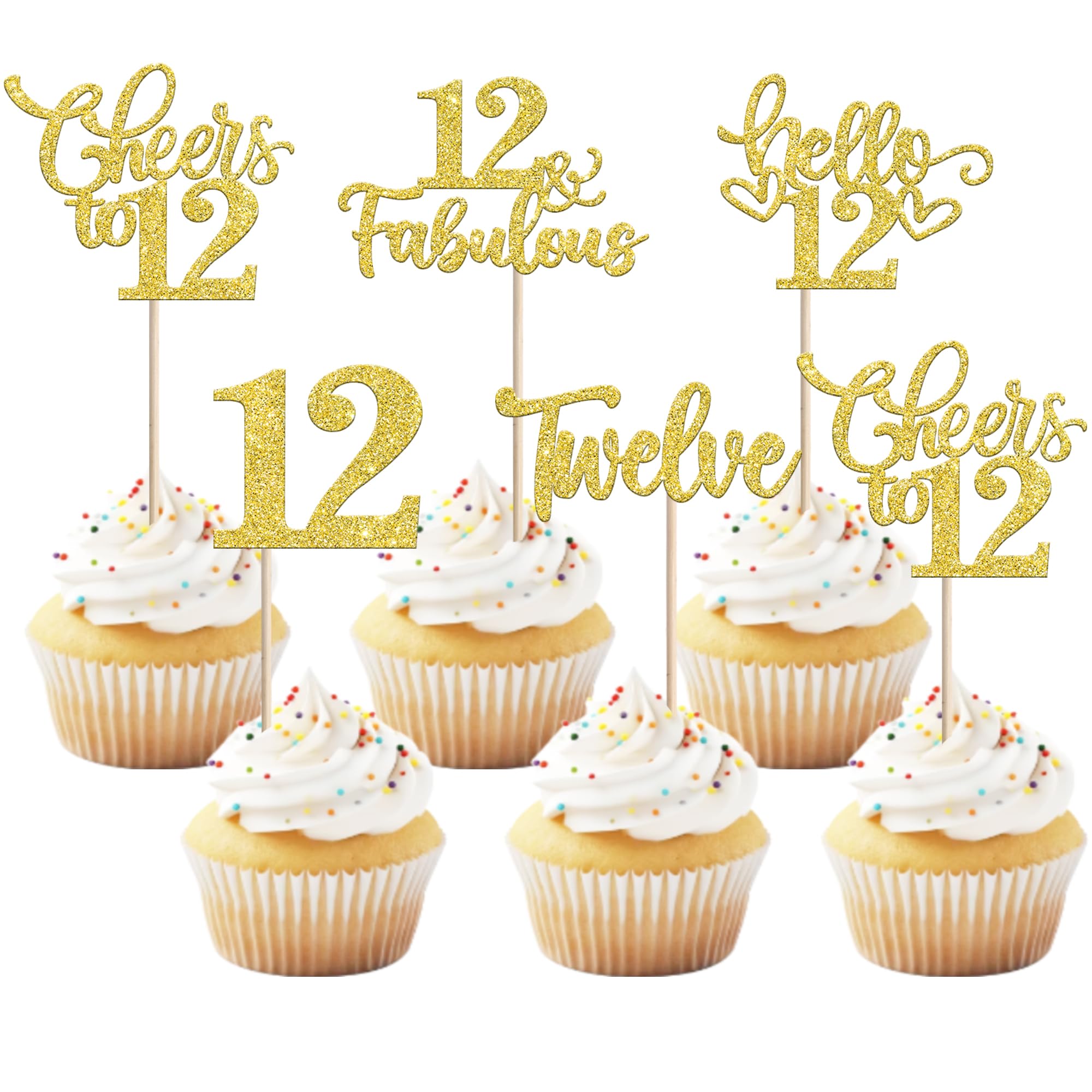 30 PCS Happy 12th Birthday Cupcake Toppers Glitter Twelve Hello 12 Cupcake Picks 12 & Fabulous Cheers to 12 Years Cake Decorations for 12th Birthday