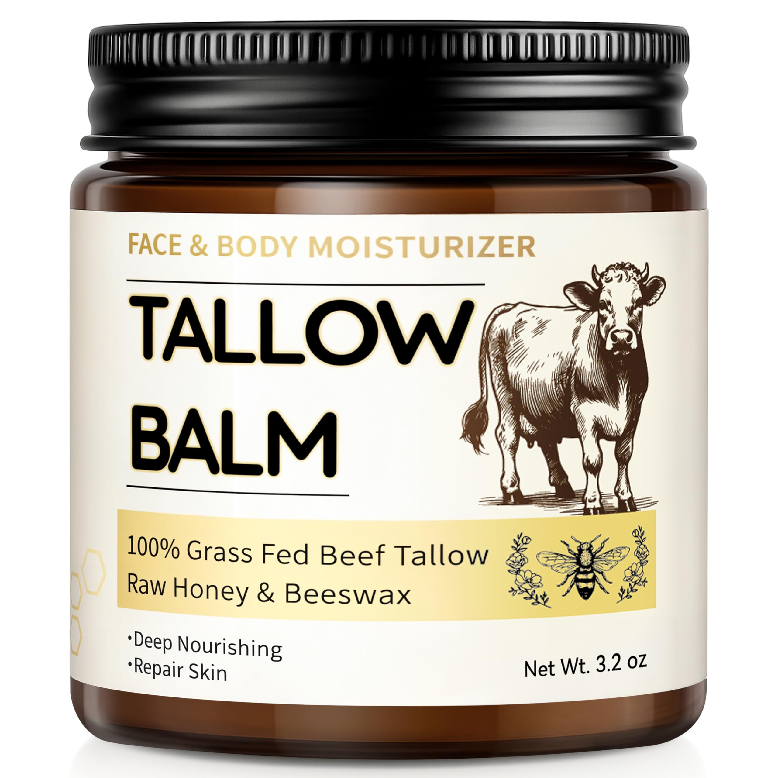 Beef Tallow Skincare, Tallow and Honey Balm Face Body, Beef Tallow Face Cream, Organic Beef Tallow Moisturizer, Whipped Beef Tallow Balm, Grass Fed Beef Tallow for Skin Care 3.2 Oz