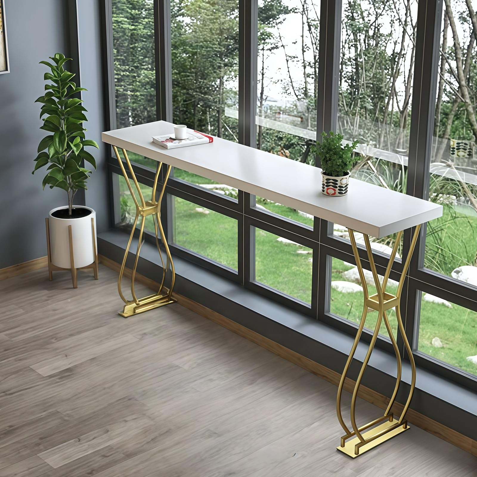 Mesa de bar larga para salón y cocina con patas de acero y diseño nórdico