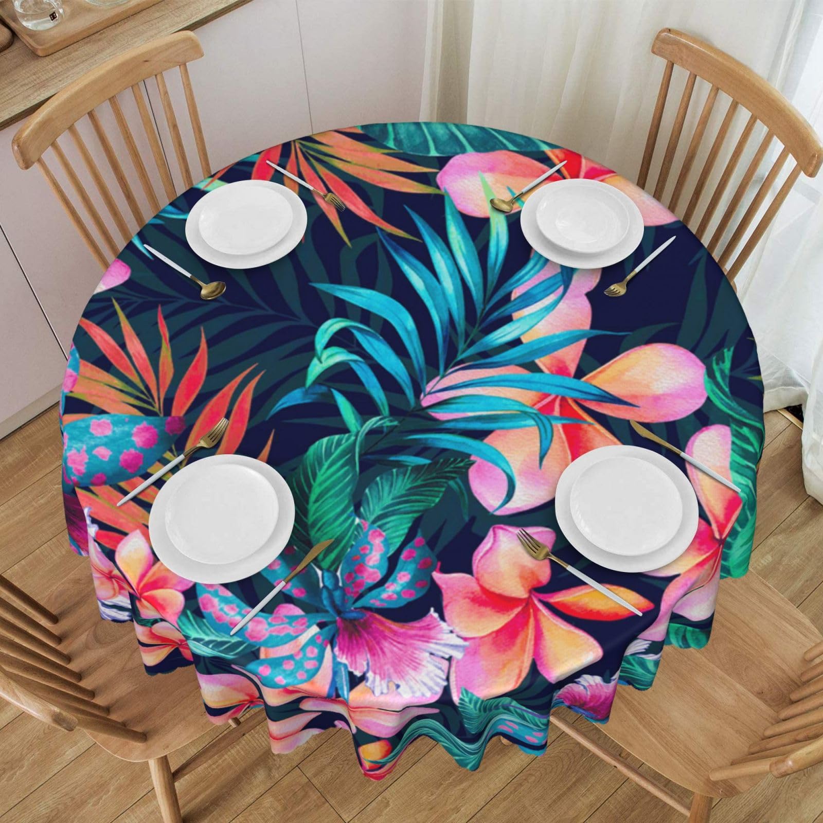 DCEHGEW 60 In Round Tablecloth with Lace, Tropical Floral Leaves Printed Oilproof & Washable Fabric Picnic Table Cloth Table Covers