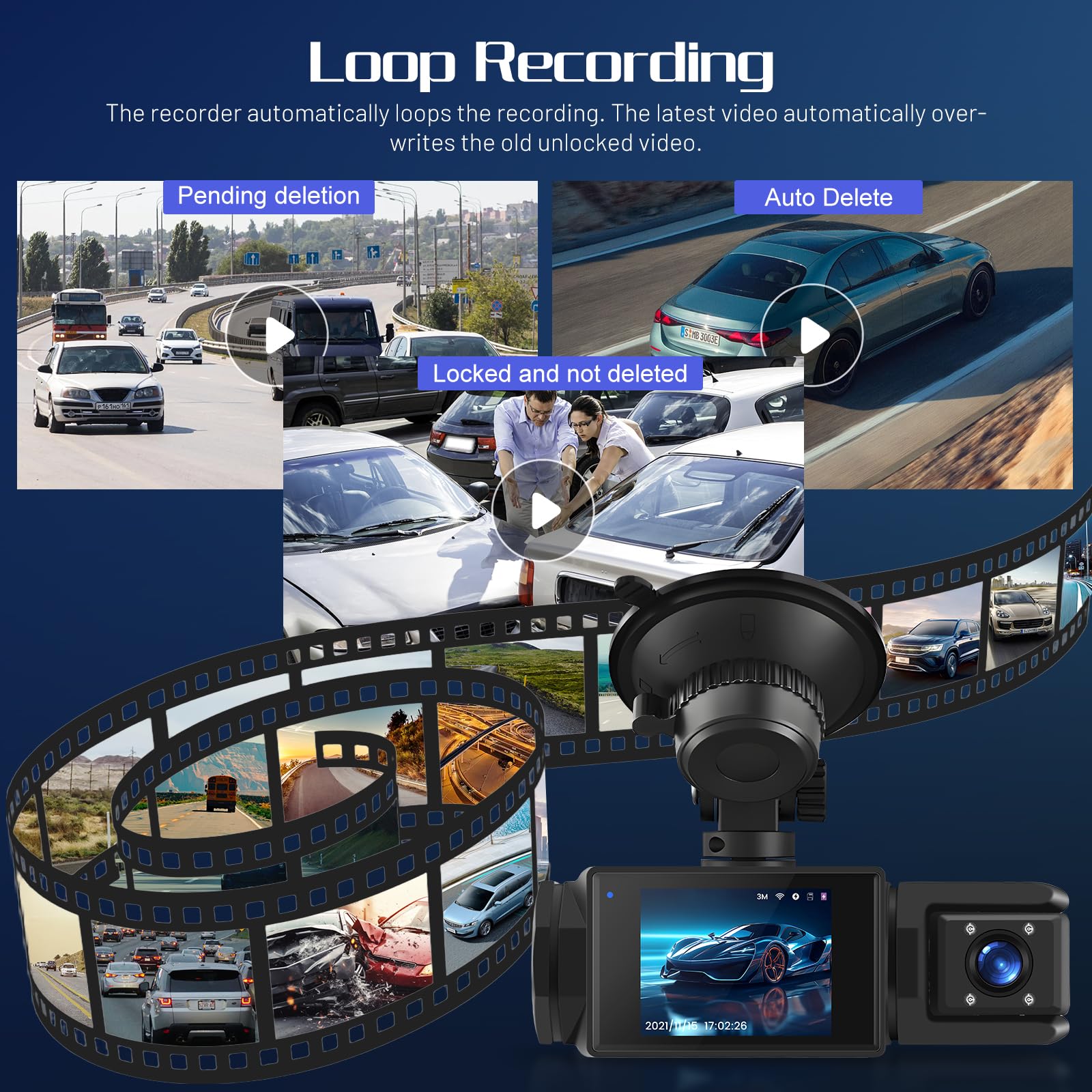 1080P WiFi Dash Cam, 3 Canali Dash Cam Anteriore e Posteriore all'interno, Full HD 2,0 Pollici Schermo IPS Dash Camera per auto con Registrazione in Loop, Visione Notturna, Rilevamento del Movimento