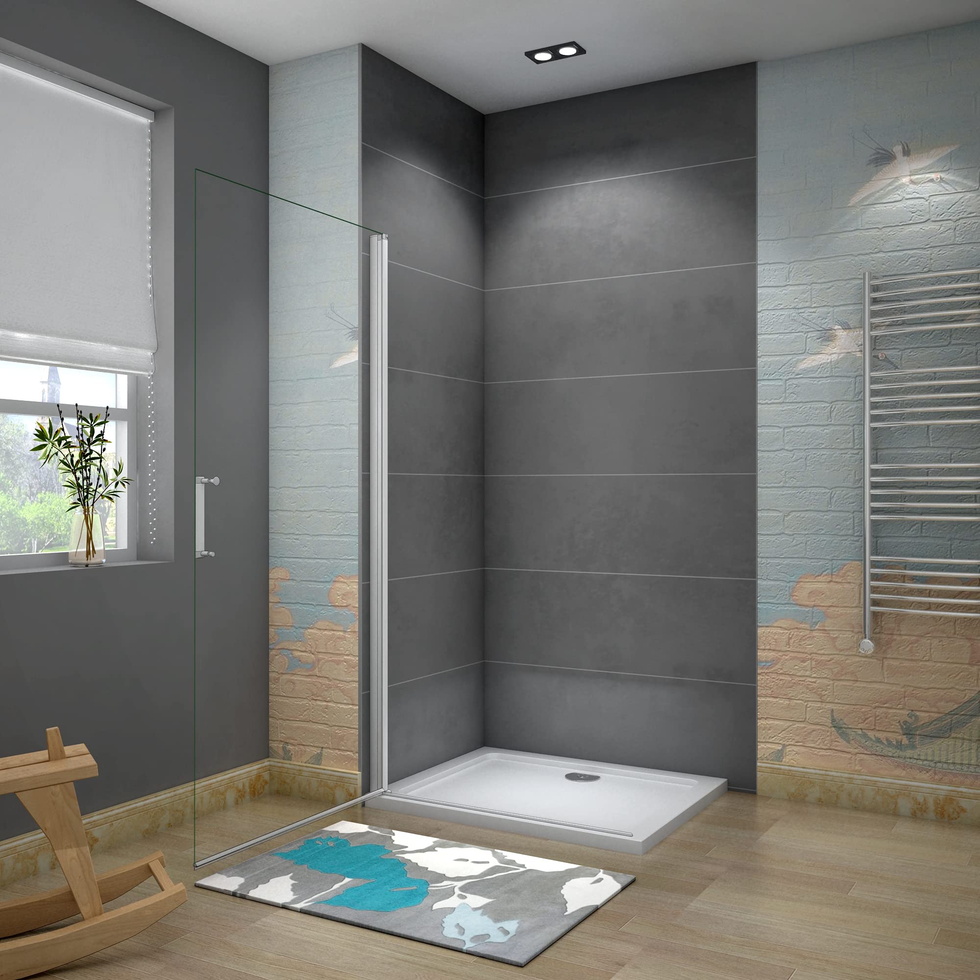 WALK IN Parete Doccia 65x185cm Movibile Girevole vetro 5mm Bianco Argenteo | Trasparente, Vetro Temperato, Verso Interno Esterno, Telai Bianco Argenteo Opaco