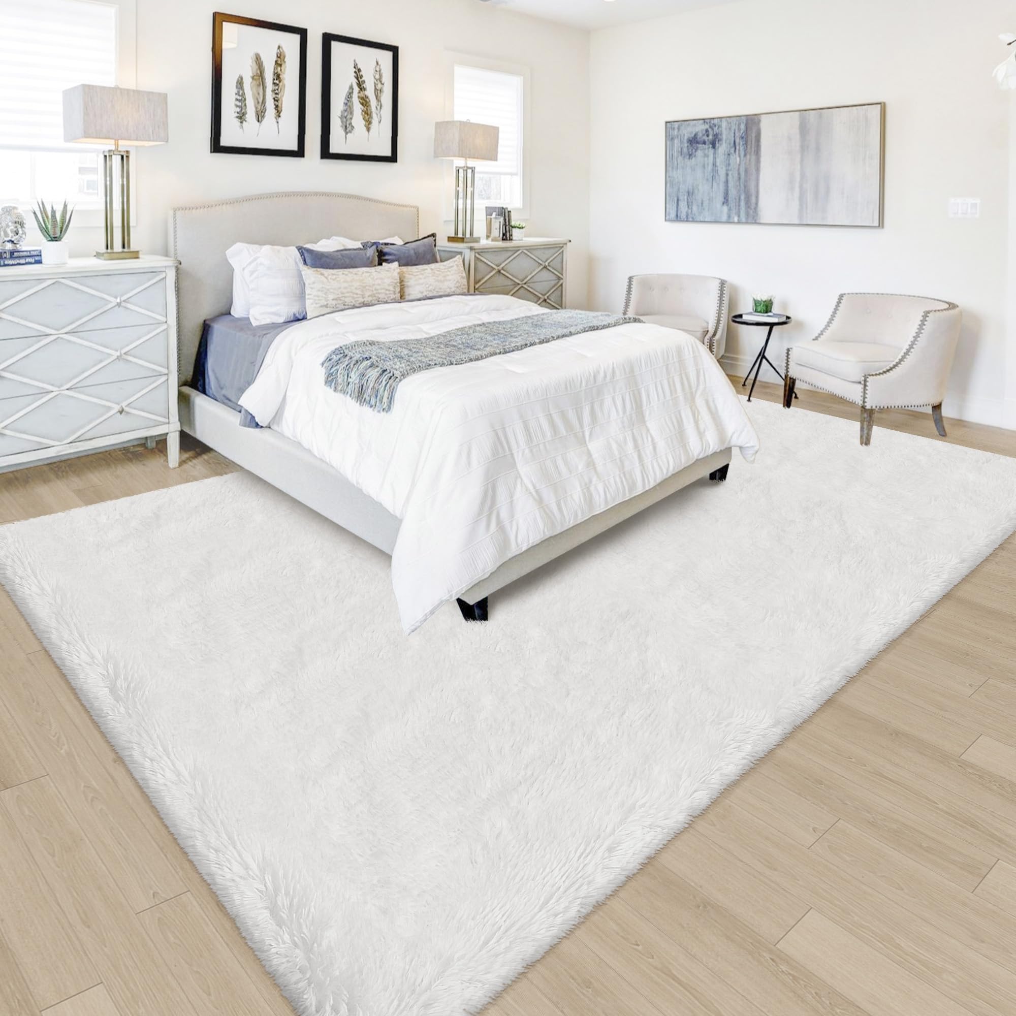 JiaoBaba White Rug for Living Room 5x8ft Fluffy Area Rug Mat Bedside Throw Rug for Bedroom Kids Room Boys Teens Nursery Baby Dorm Office Home Decor