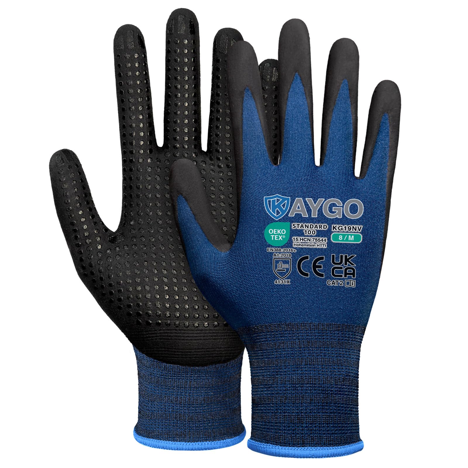 KAYGO Work Gloves with Grip Dots on Palm for Anti-Slip 12 works, KG19N, MicroFoam Nitrile Coated Light Oil Compatible