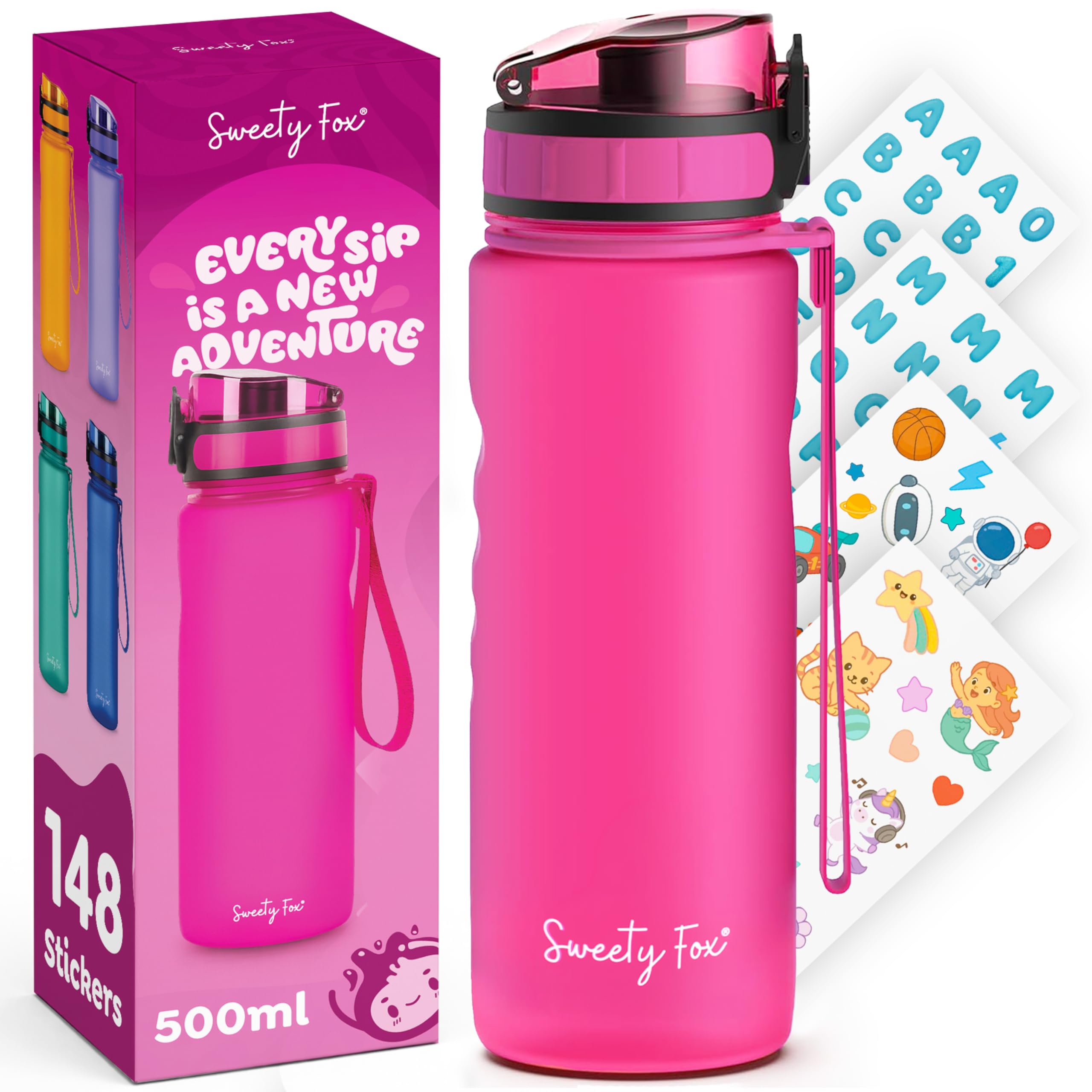 Sweety Fox Trinkflasche Kinder Kohlensäure Geeignet 500ml, Pink - Trinkflasche Sport 100% Auslaufsicher & Wasserflasche Spülmaschinenfest