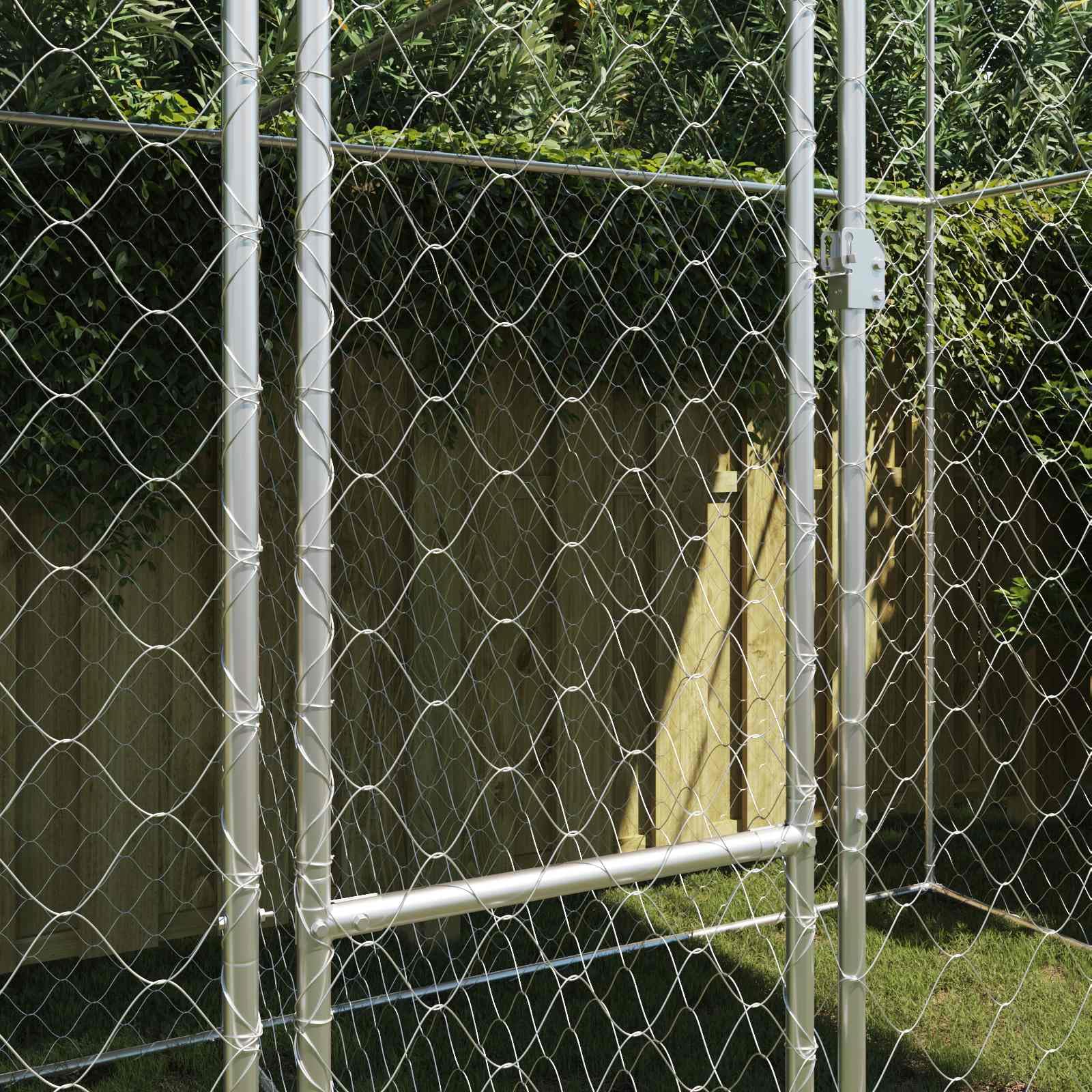 Klatka dla psa z dachem, srebrna, 400 x 200 x 256 cm, stal i PE, odporna na warunki atmosferyczne, wybieg dla psa z elementami kratowymi, do ogrodu i na zewnątrz, zamykane drzwi, przestronny