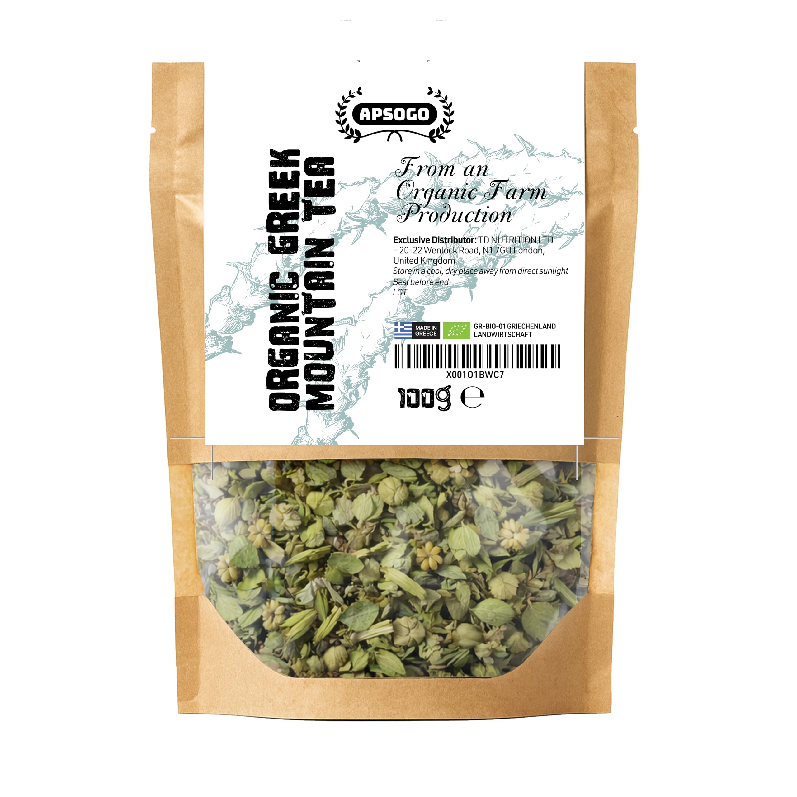 APSOGO Organic Greek Mountain Tea - Premium Quality & Excellent Taste Loose Leaf Herbal Tea, Handpicked with Stems, Leaves & Flowers (100g)