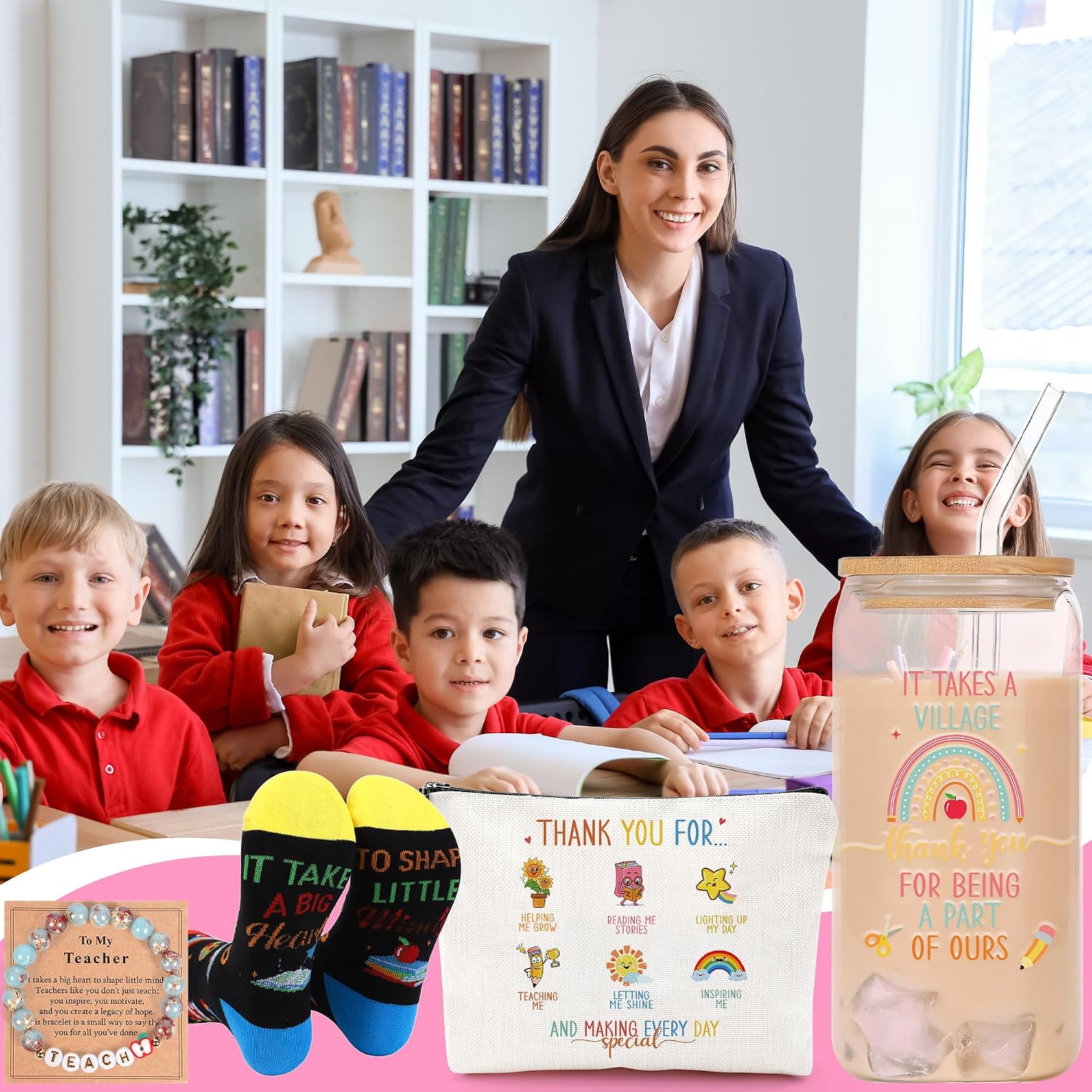 Preschool Teacher Gifts - Teacher Appreciation Week Thank You Gifts for Preschool Daycare Educators Coworkers, Glass Tumbler Socks Makeup Bags Bracelet