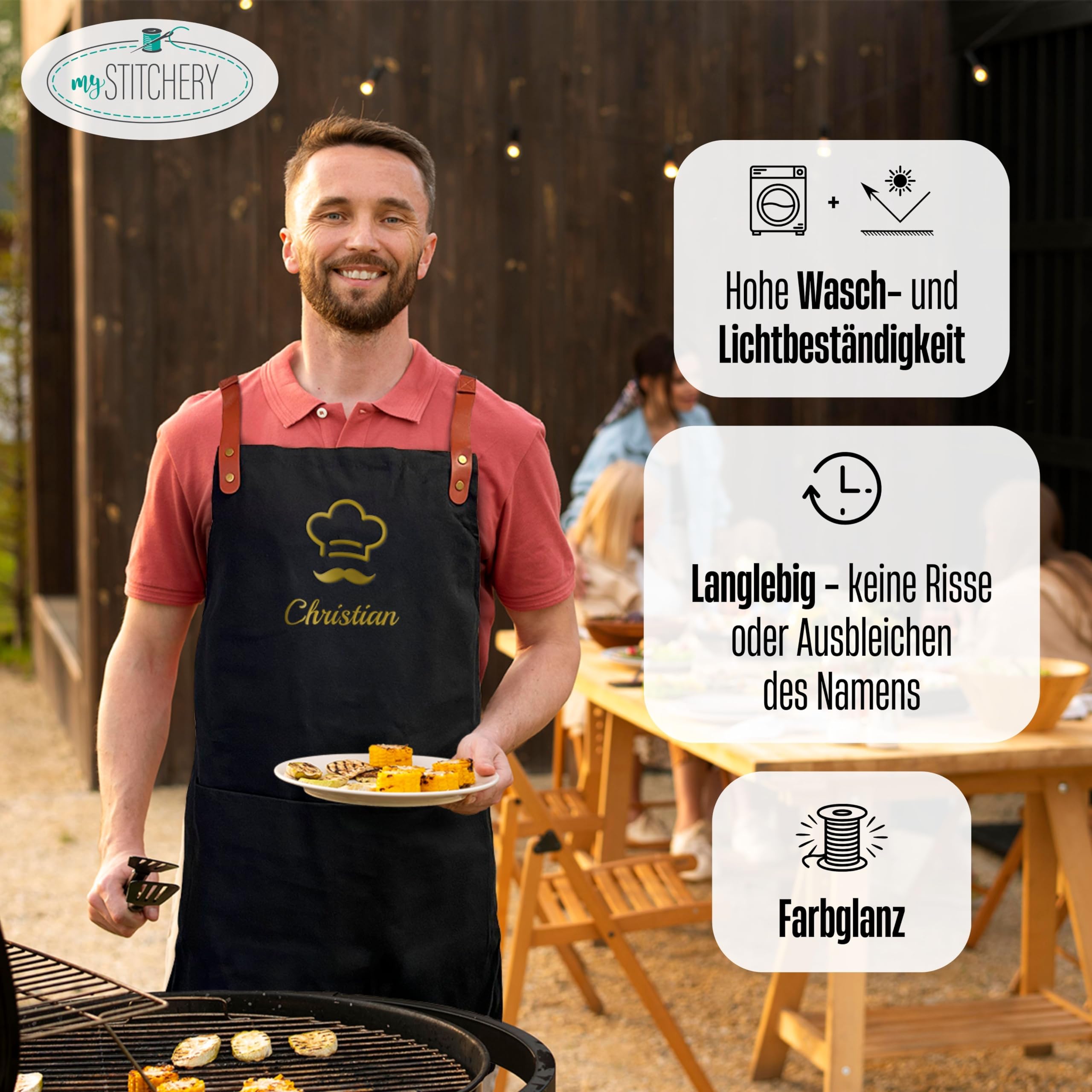 Grillschürze personalisiert mit Motiv & Wunschtext bestickt - Individuell personalisierte Kochschürze aus hochwertiger Baumwolle als besonderes Geschenk