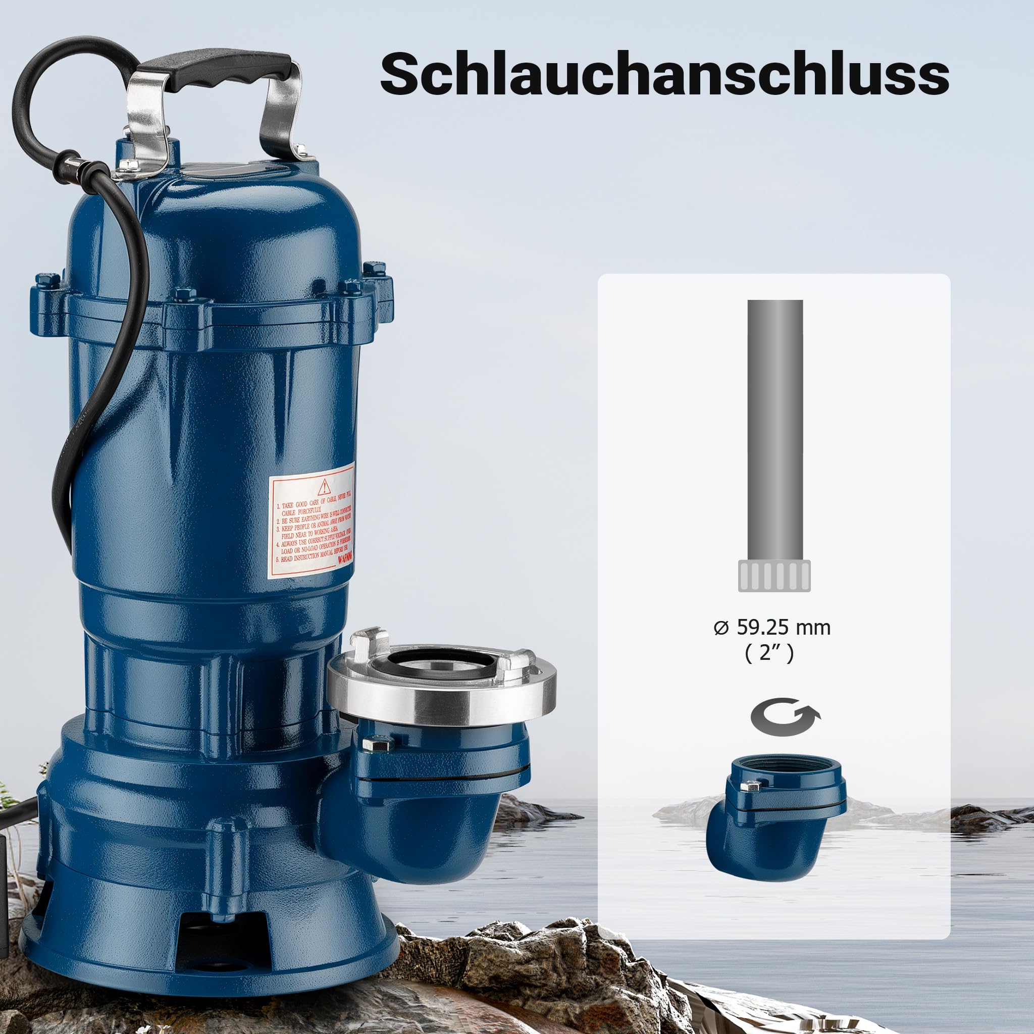 Wiltec Pompe pour Eaux usées Bleue 1500W Pompe submersible 1 bar Débit 22800 l/h avec Tuyau 20m Câble 10m Hauteur de refoulement 10 m Évacuation Drainage Chantier
