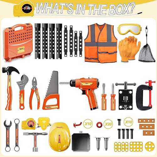 Miniatura 2 de MAGIC4U - Juego de banco de herramientas para niños, 95 piezas, banco de trabajo de herramientas con taladro electrónico, 13 equipos de