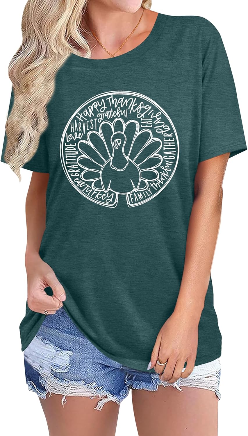 Thanksgiving Shirt for Women Turkey Print T-Shirts Thankful Fall Short Sleeve Tee Tops - Image 3