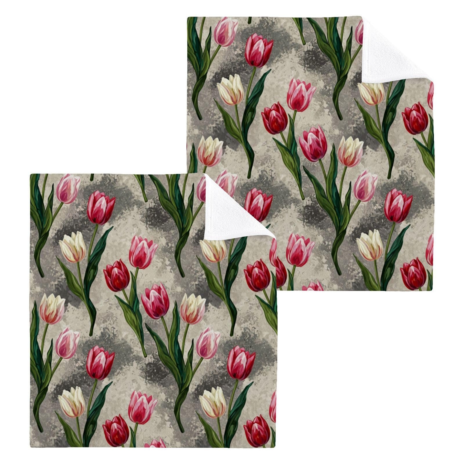 BOESI Vintage Tulip Bloom 12x12in Cotton Washcloth,Face Towel