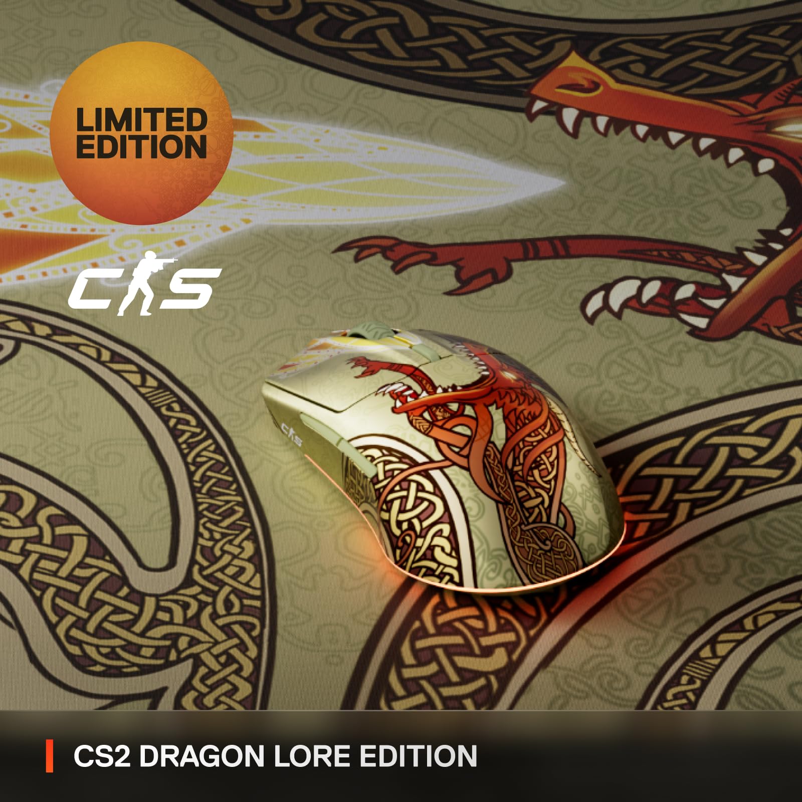 SteelSeries CS2 Dragon Lore Edition - Mouse da gaming wireless - Counter-Strike - 2,4GHz e Bluetooth - Sensore ottico TrueMove Air da 18K DPI - Batteria fino a 200 HR - 80M di clic garantiti