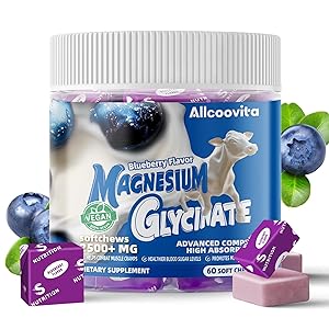 Magnesium Glycinate Soft Chews, Blueberry Flavor.Chewable Sugar Free Potassium Magnesium Chews with Magnesium Glycinate, Vitamin D, B6, and CoQ10 for Calm Support & Sleep for Adults, 60 Days Supply