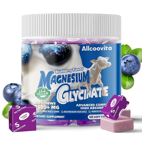 Magnesium Glycinate Soft Chews, Blueberry Flavor.Chewable Sugar Free Potassium Magnesium Chews with Magnesium Glycinate, Vitamin D, B6, and CoQ10 for Calm Support & Sleep for Adults, 60 Days Supply