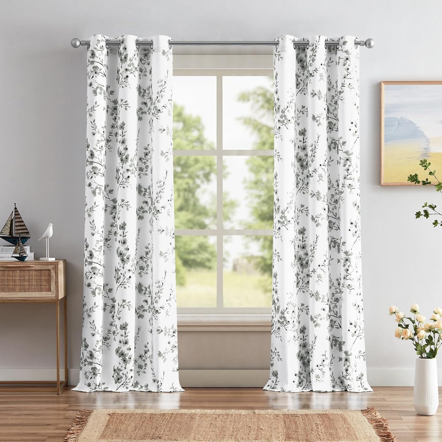 Melodieux Floral Curtains 96 Inches Long for Living Room, Farmhouse Yellow Apricot Flower Print White Decorative Grommet Drapes, 42x96 Inch, 2 Panels