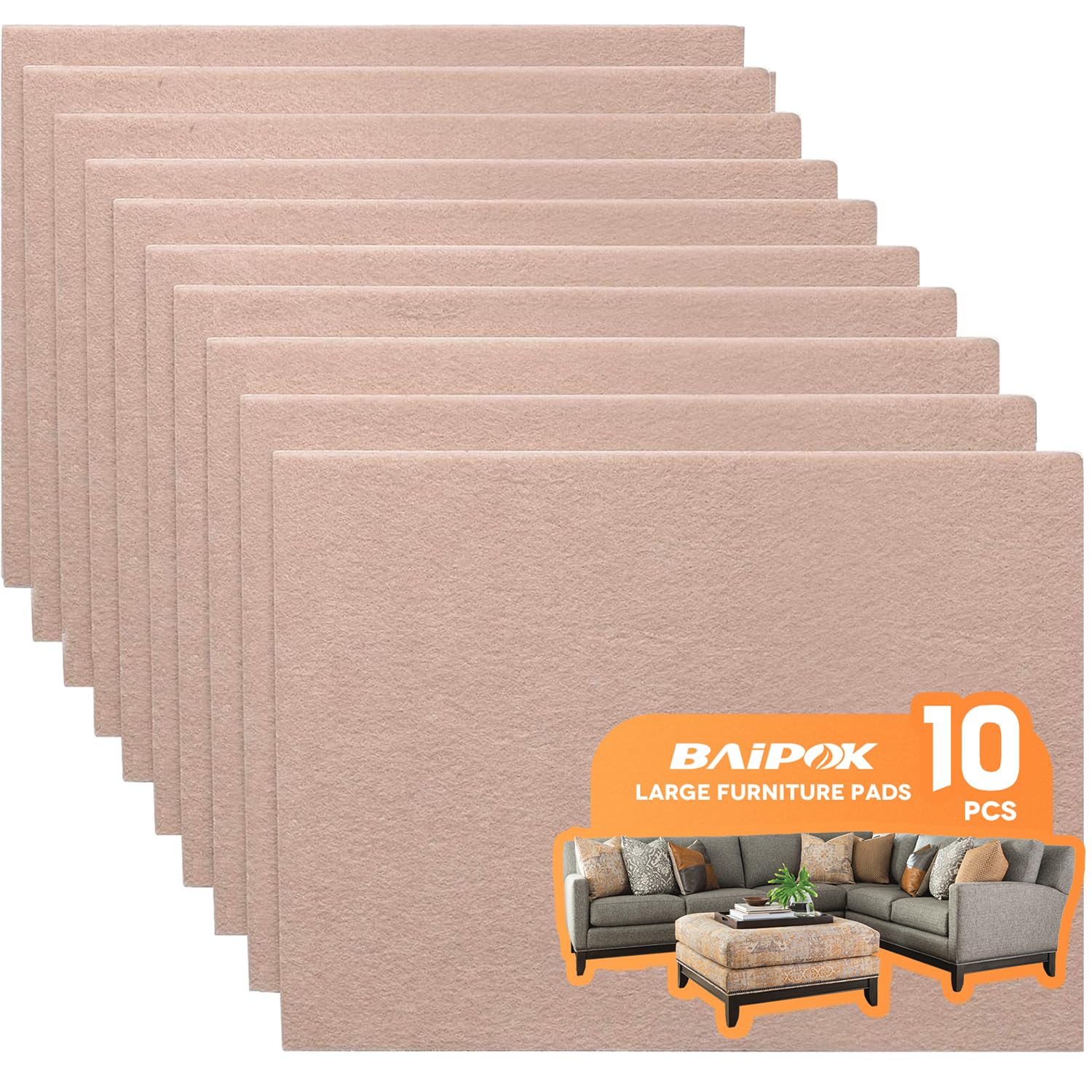 Felt Furniture Pads 10pcs 8" x 6" Self Adhesive Cuttable Furniture Felt Pads, Anti Scratch Floor Protectors for Furniture on Hardwood Floor, Beige