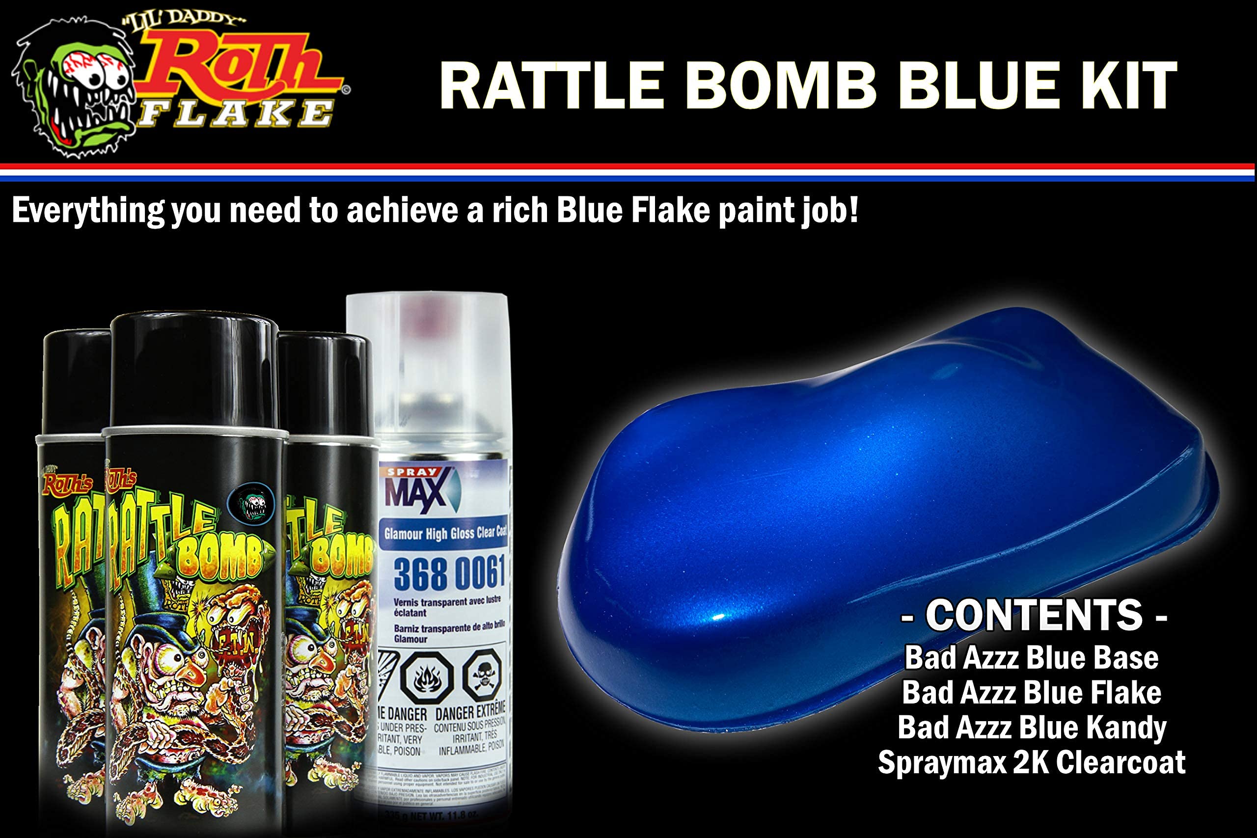 Lil Daddy Roth Rattle Bomb Kit - Blue Kit - Aerosol Metal Flake, Basecoat, Kandy, Clearcoat