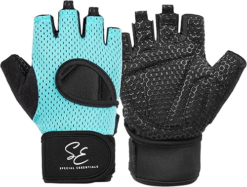 Special Essentials Guantes de levantamiento de pesas para hombres y mujeres, guantes de gimnasio sin dedos con acolchado antideslizante para