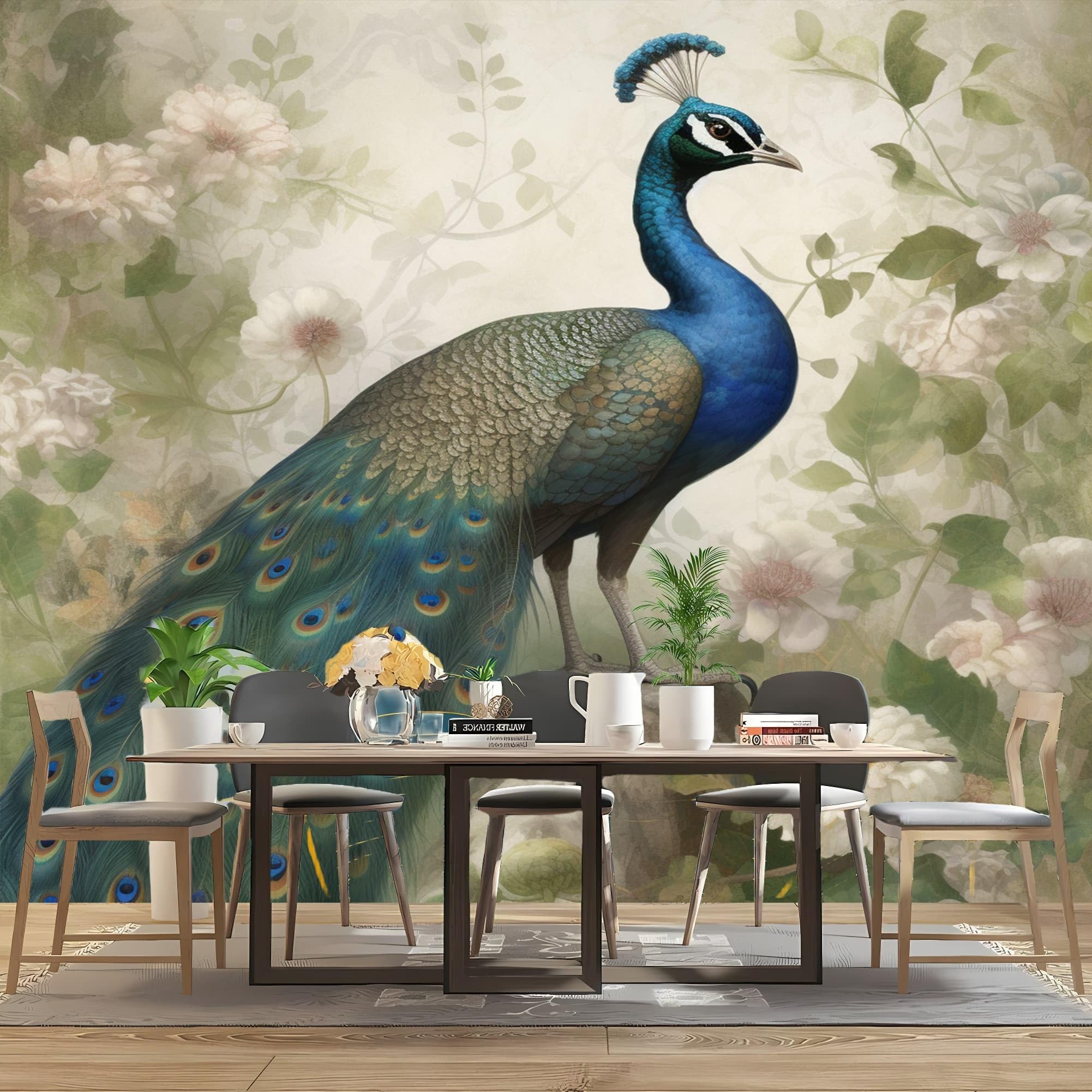Tapeta ścienna z włókniny 400 x 280 cm sztuka paw kwiaty rośliny panoramiczna zielona tapeta gigantyczny plakat ścienny, do salonu pokój dziecięcy restauracja dekoracja ścienna