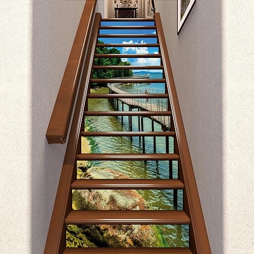 Miniatura 3 de Calcomanías autoadhesivas para escaleras, color marrón, verde y azul, 13 unidades de vinilo para pelar y pegar, para escaleras, 7.1 x 39.4 pulgadas
