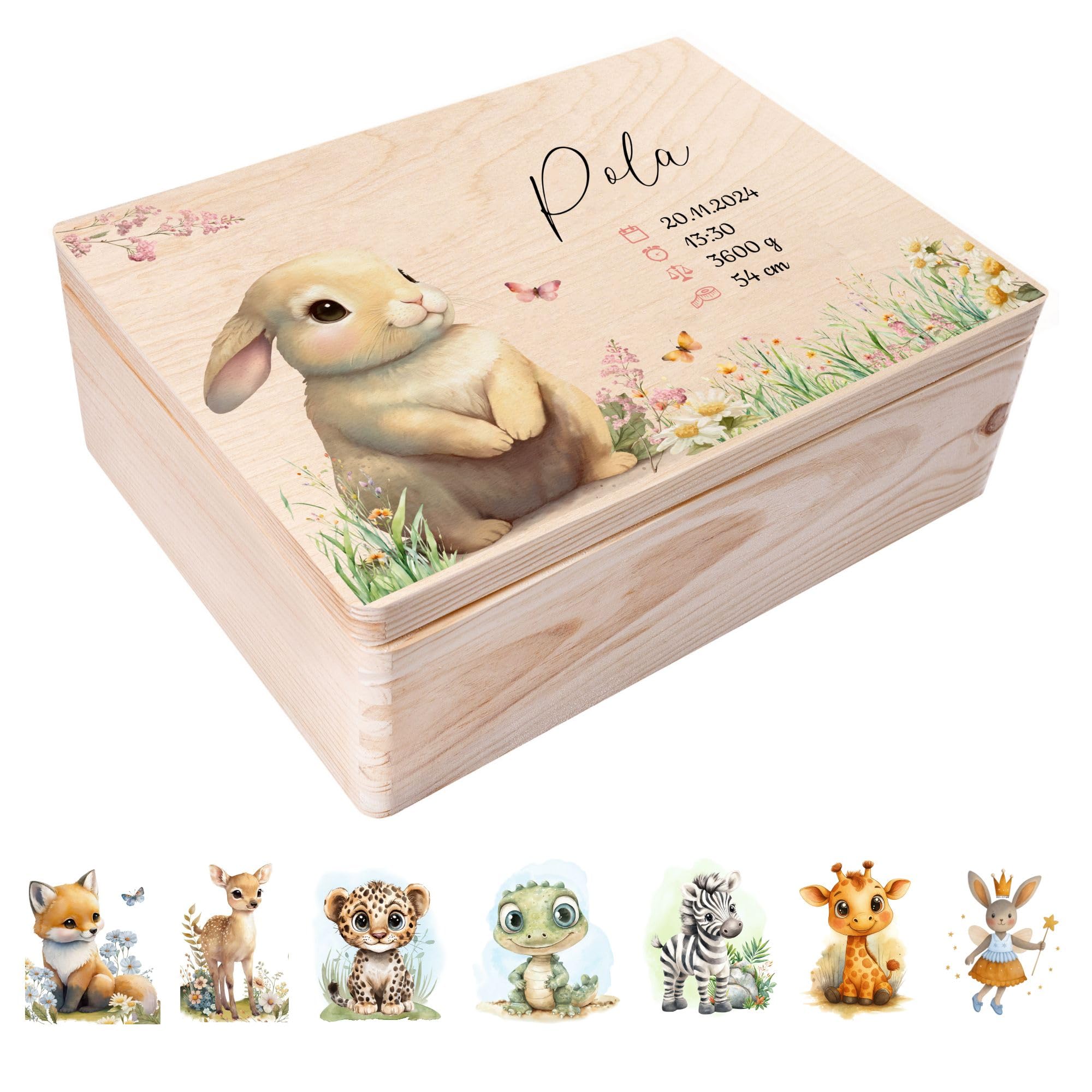 Creative Deco Boîte à Souvenirs Bébé Personnalisé avec Prénom - Animaux de la Forêt | 40 x 30 x 14 cm | Cadeau Boîte à Souvenirs pour Une Naissance pour Fille et Garçon | Boite en Bois avec Couvercle
