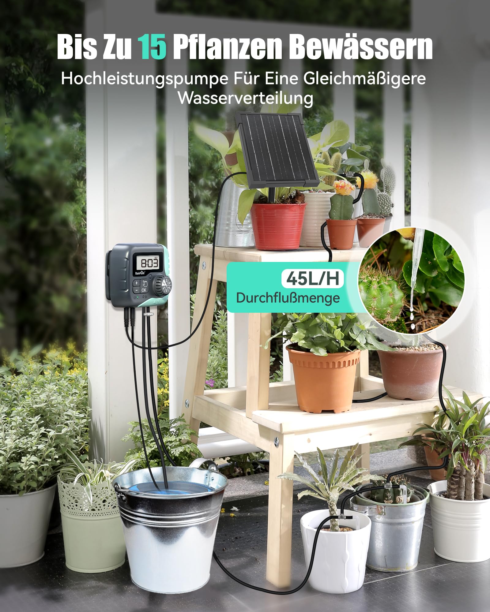 RAINPOINT Kit de Riego por Goteo Automático Solar, Sistema de Riego Automático de 45L/H con Bomba Programable, Batería de 2600mAh, para Macetas Vacaciones, Balcón, Jardín