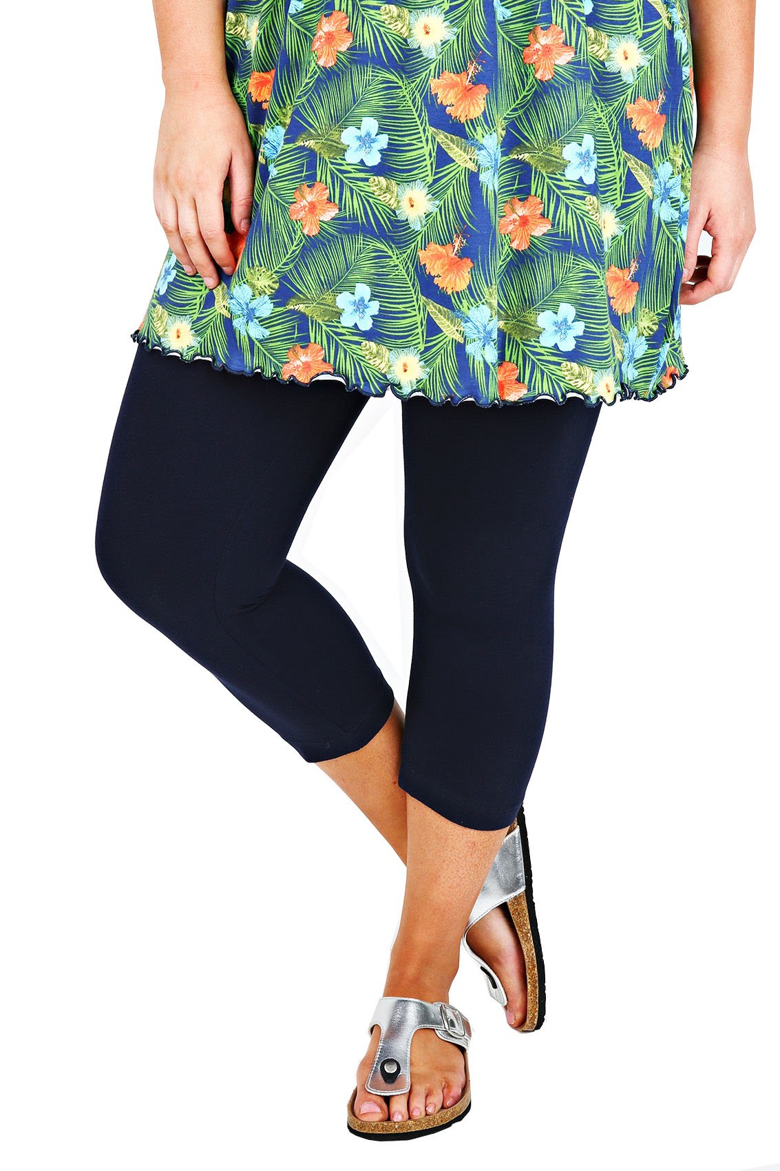 Ladies Plain Cotton Stretch 3/4 Leggings - Multiple Colours and Sizes - Ref. 2191 - blue - XXXXL