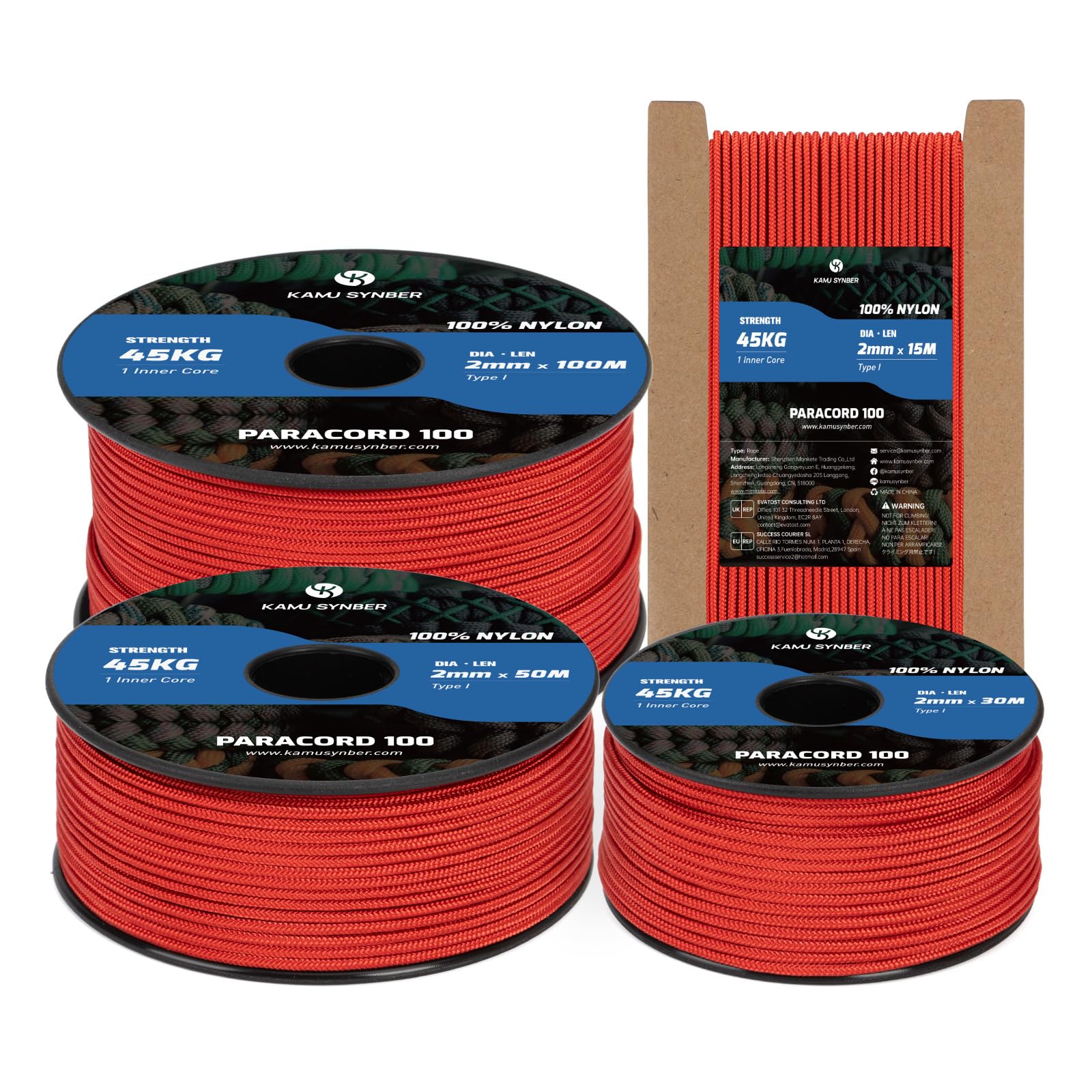 Kamu Synber 2mm Paracord 50M 100% Nylon Rope 1 Strand Type I Parachute Cord for Crafting, Outdoor, DIY, Camping | Support 45kg | Red