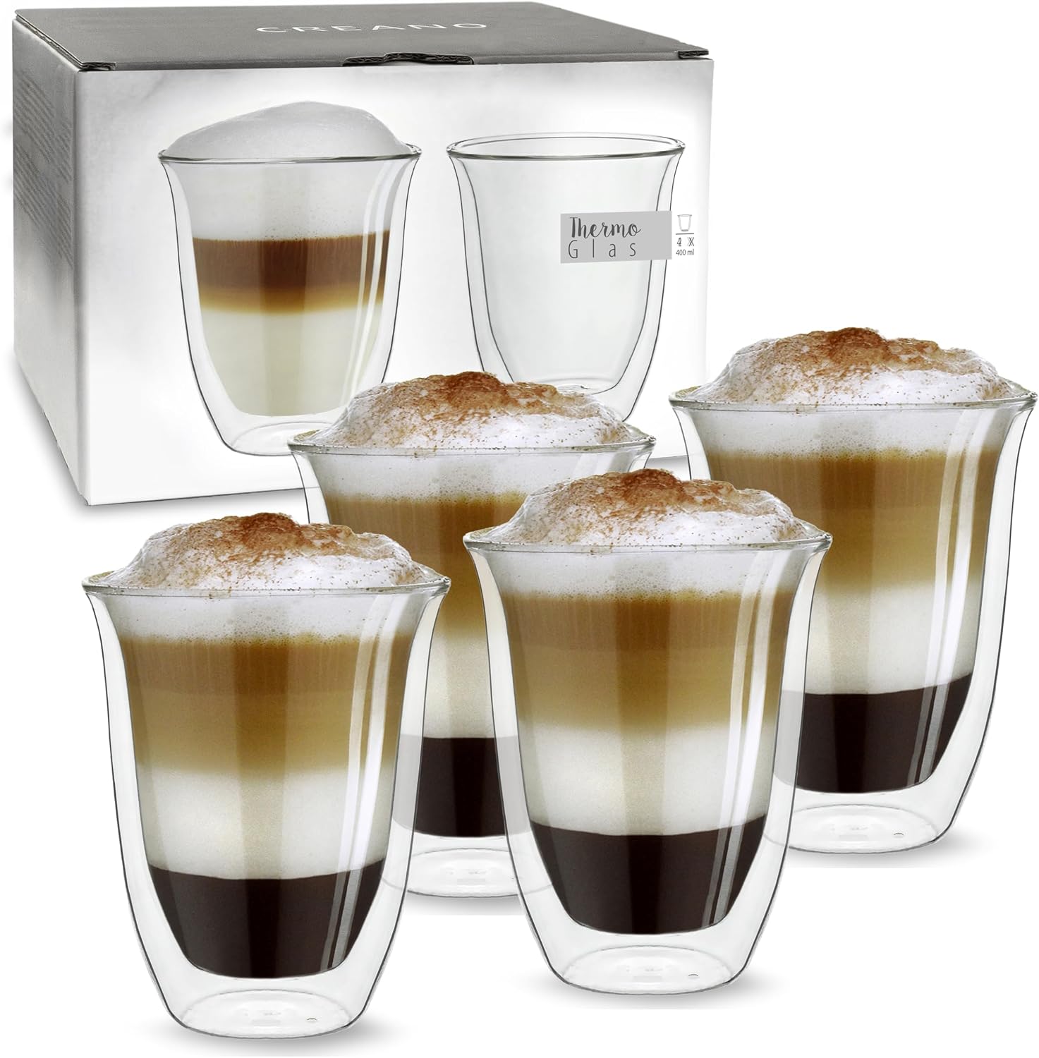 Creano DG-V Double-Walled Glasses 400 ml Set of 4 Large Thermal Glass Double-Walled Made of Borosilicate Glass Coffee Glasses Tea Glasses Latte Glasses Double Wall Glasses