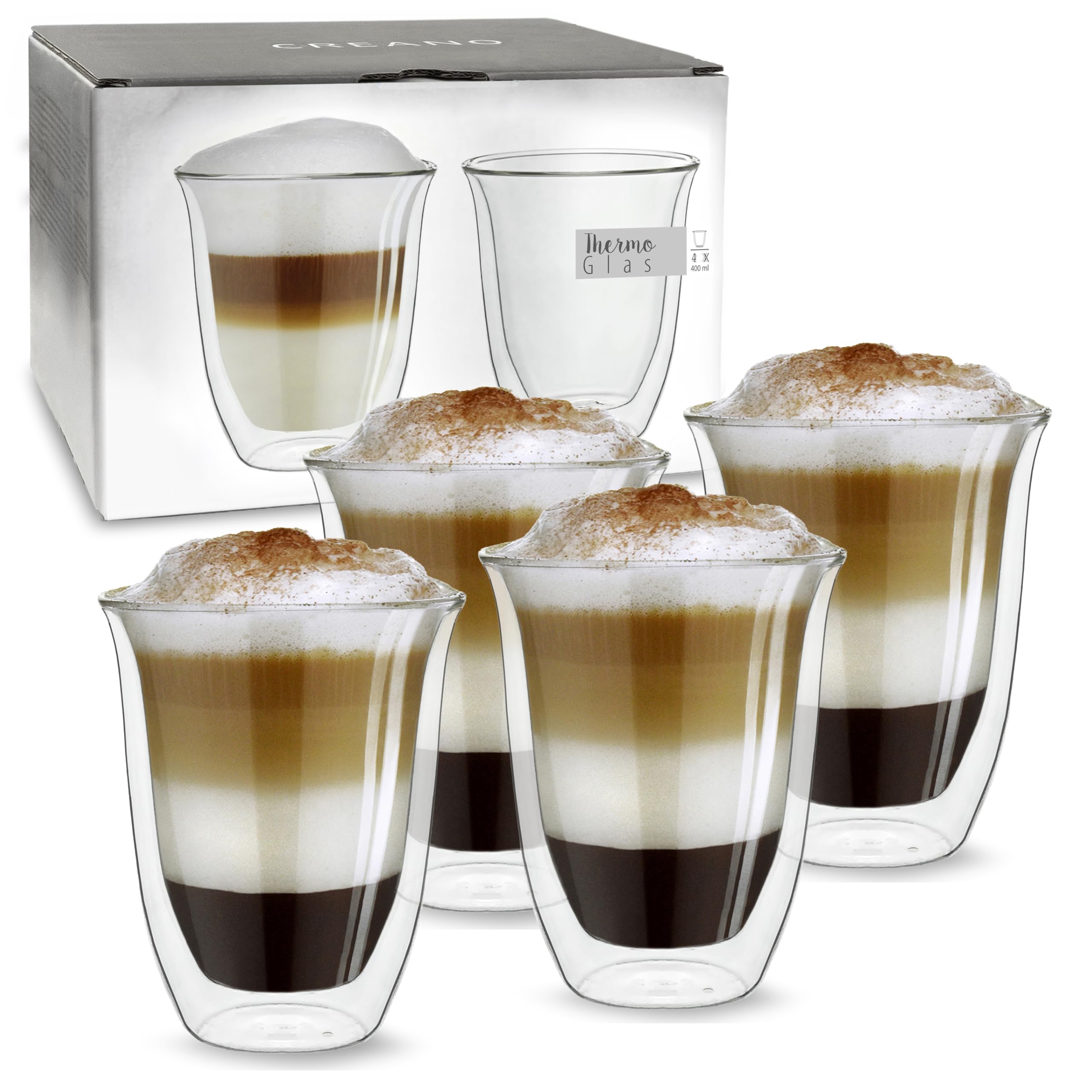 Creano doppelwandige Gläser 400ml „DG-V“, 4er Set, großes Thermoglas doppelwandig aus Borosilikatglas, Kaffeegläser, Teegläser, Latte Gläser, Doppelwandgläser