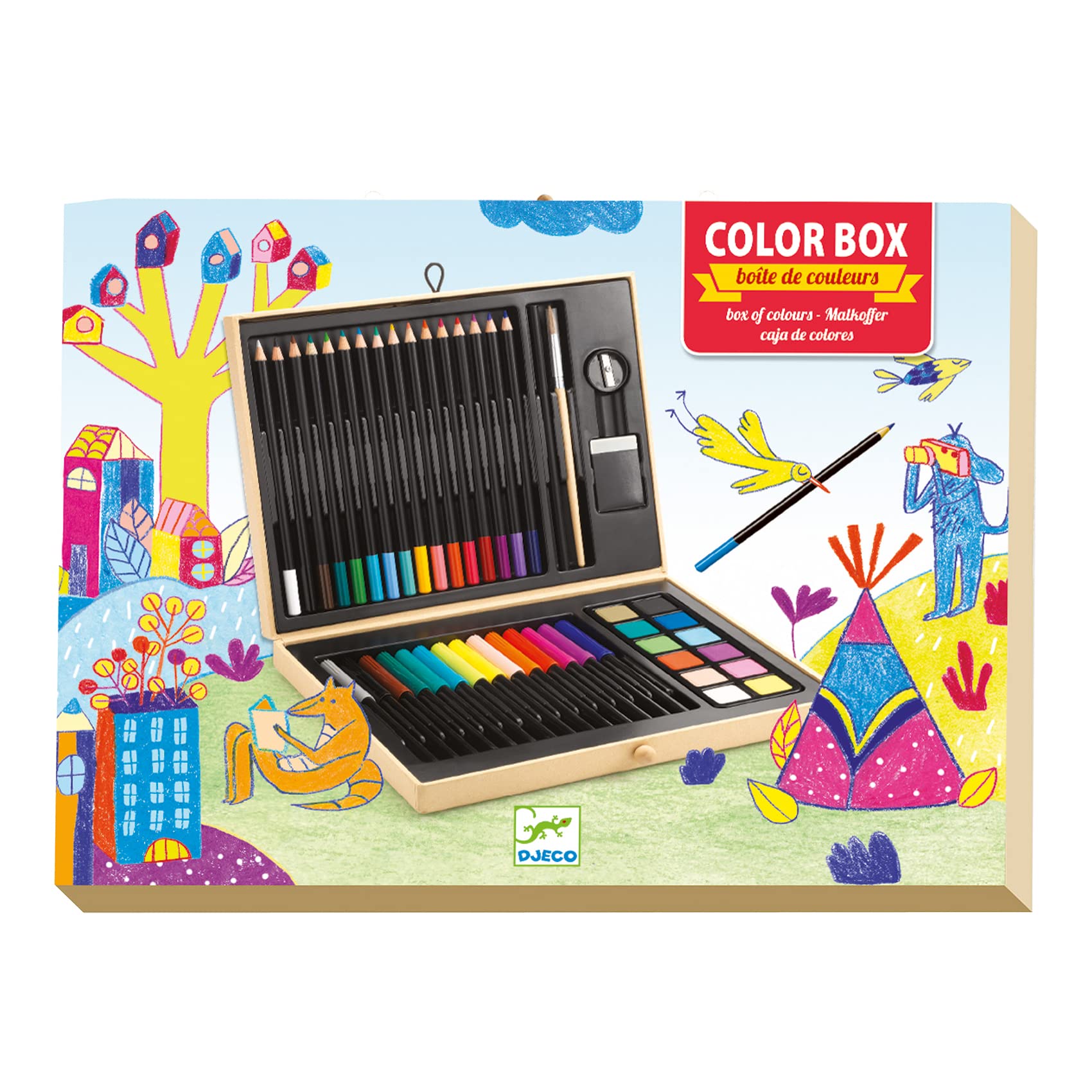 DJECO Boîte de Couleurs, dès 5 Ans - Contient Crayons, Feutres, Gouache, Pinceau, Gomme, Taille-Crayon - Stimule la Créativité - Mallette Art Portable et Personnalisable - Qualité Supérieure, EU