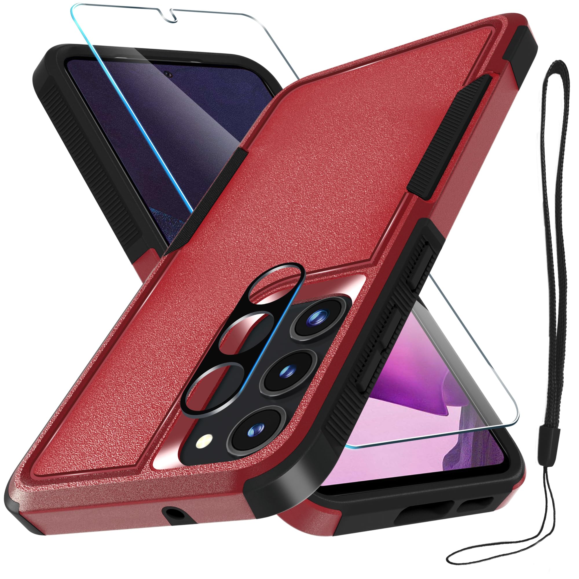 RMOCR for Samsung Galaxy S23 Case with Tempered Glass Screen Protector and Camera Lens Protector, Heavy Duty Shockproof Case for Galaxy S23 6.1 inch,Red