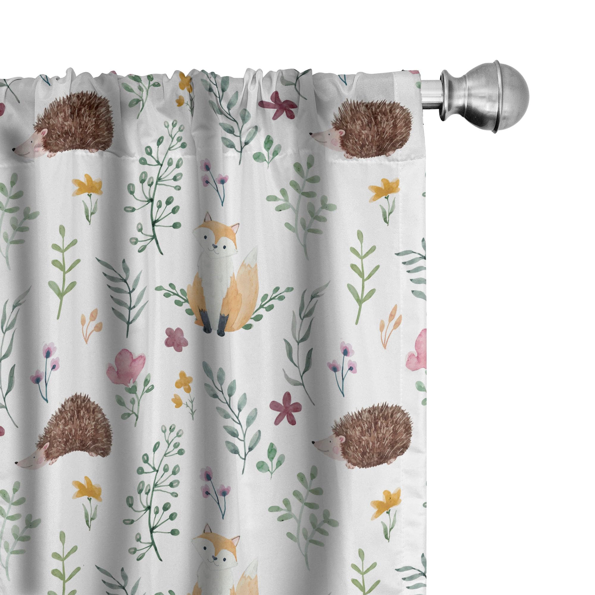 Ambesonne Forest Window Curtains, Rural Wildlife Pattern with Hedgehog and Fox in Watercolors Nature Theme, Lightweight Decor 2-Panel Set with Rod