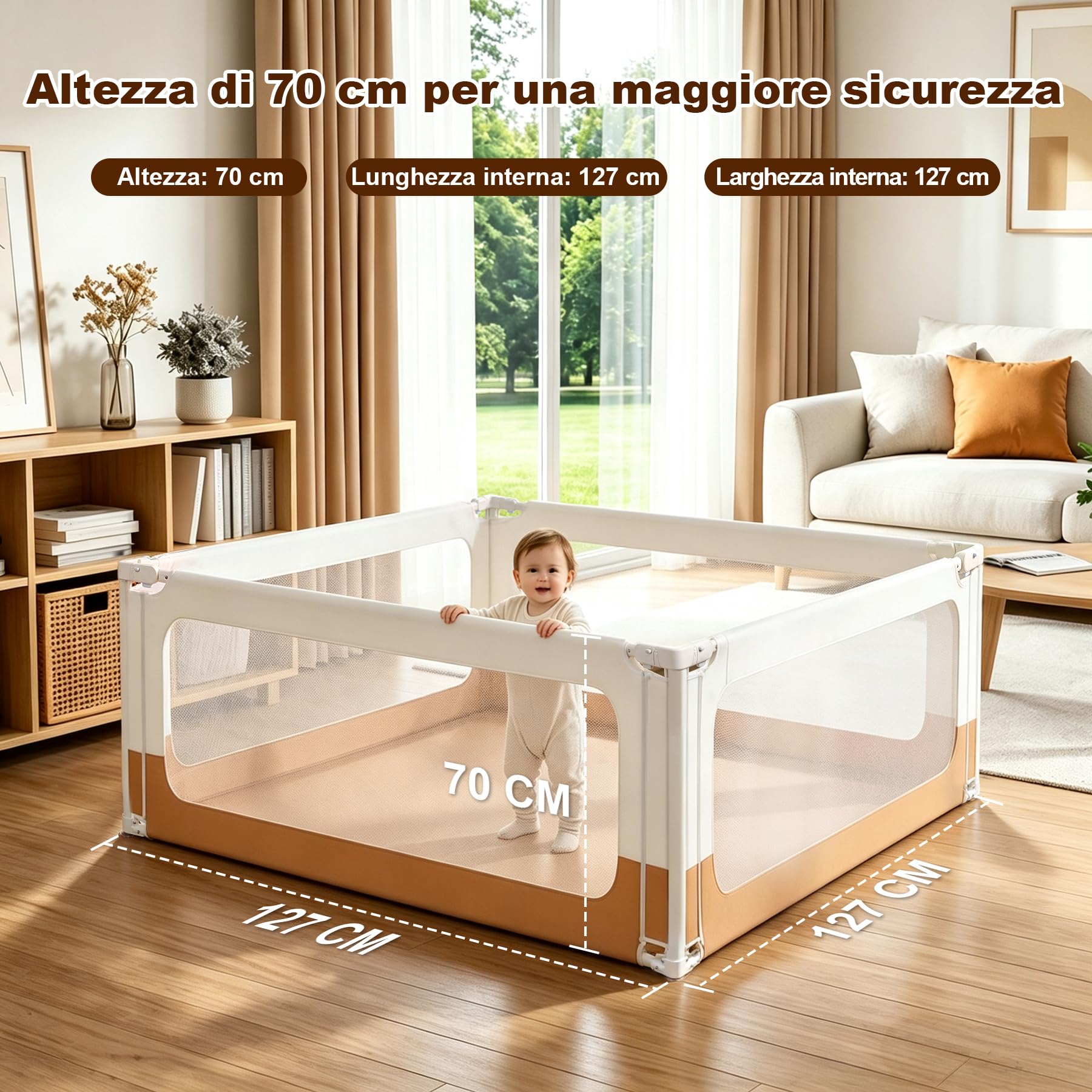 Box Bambini 127x127 cm, Recinto per Bambini e Neonati, Box Gioco da Interno con Rete Traspirante, Doppia Chiusura di Sicurezza, Angoli Rinforzati, Ideale per Gattonare e Camminare