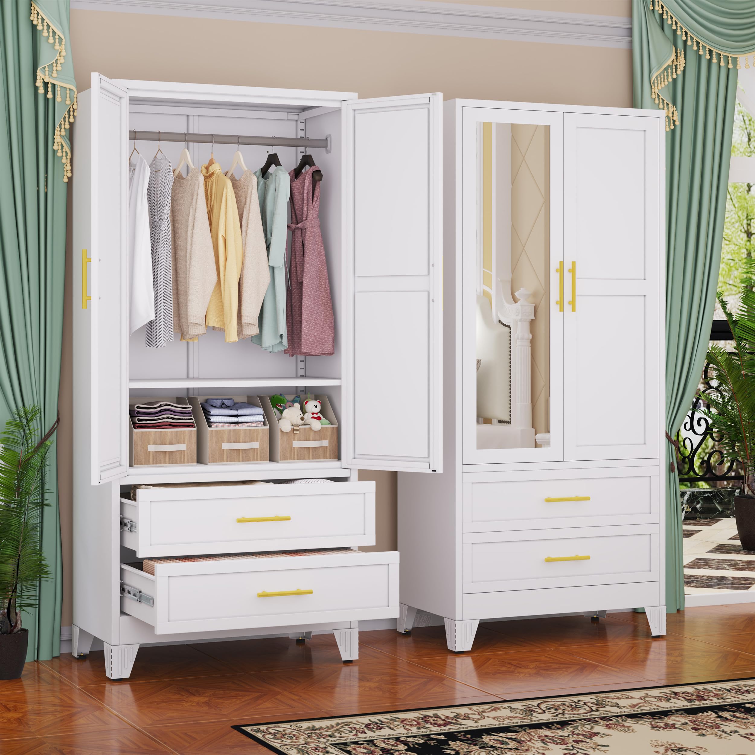 GAIOUS Steel Armoire Wardrobe Closet with Mirror and 2 Drawers 71" White