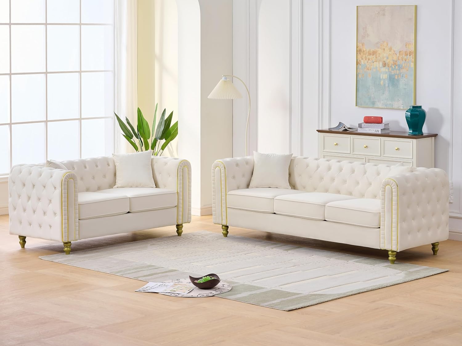 THSUPER 63'' Black Velvet Small Chesterfield Sofa Loveseat, 2 Seater Button Tufted Loveseat with Rolled Arms and Gold Legs, Couches with Pillows for Living Room Furniture. Beige