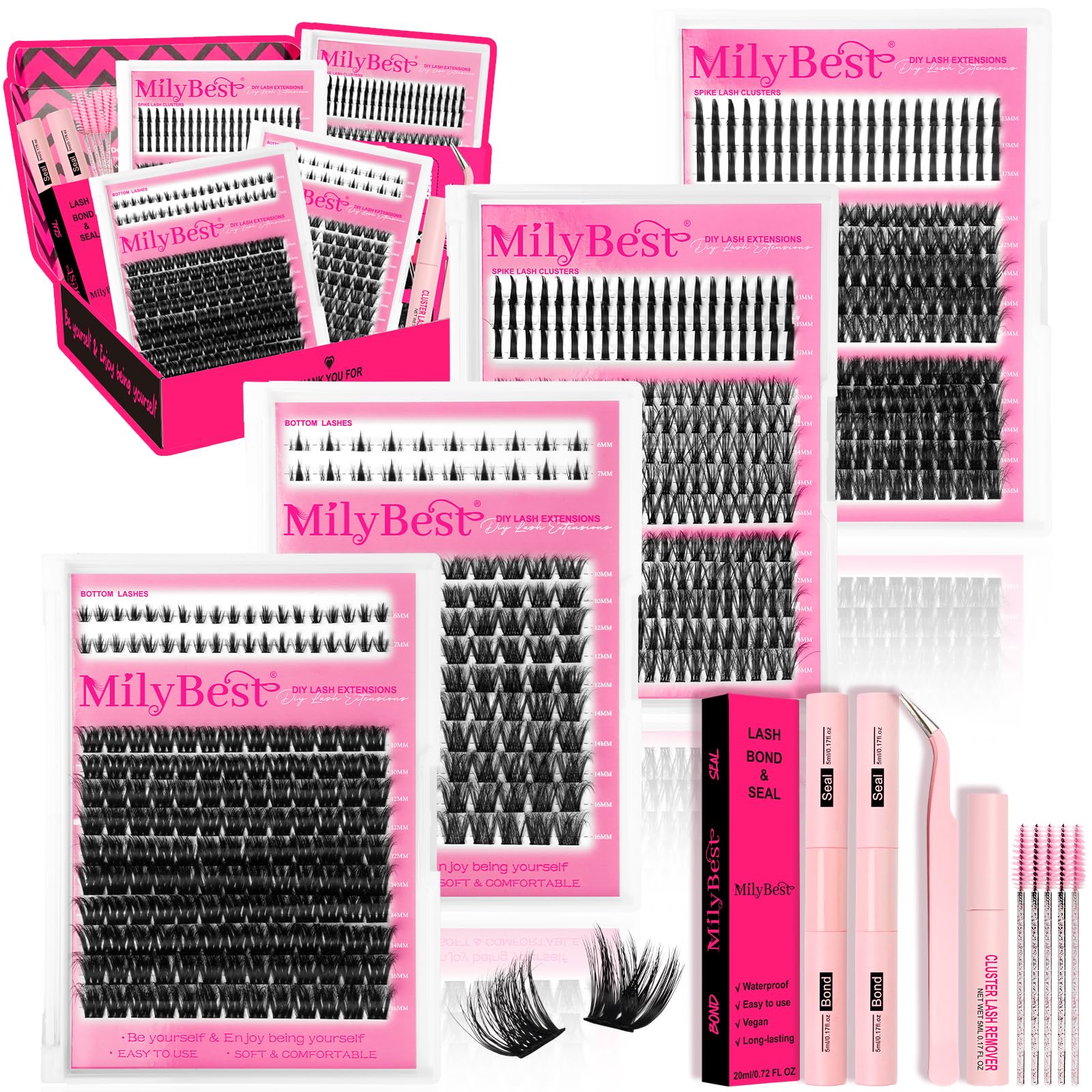 MilyBest Lash Clusters Kit 808Pcs Fluffy Eyelash Clusters D Curl Bottom Lashes Clusters 4 Styles Lash Kit with Spikes DIY Individual Eyelashes Glue Wispy Cluster Eyelash Extensions De Pestañas