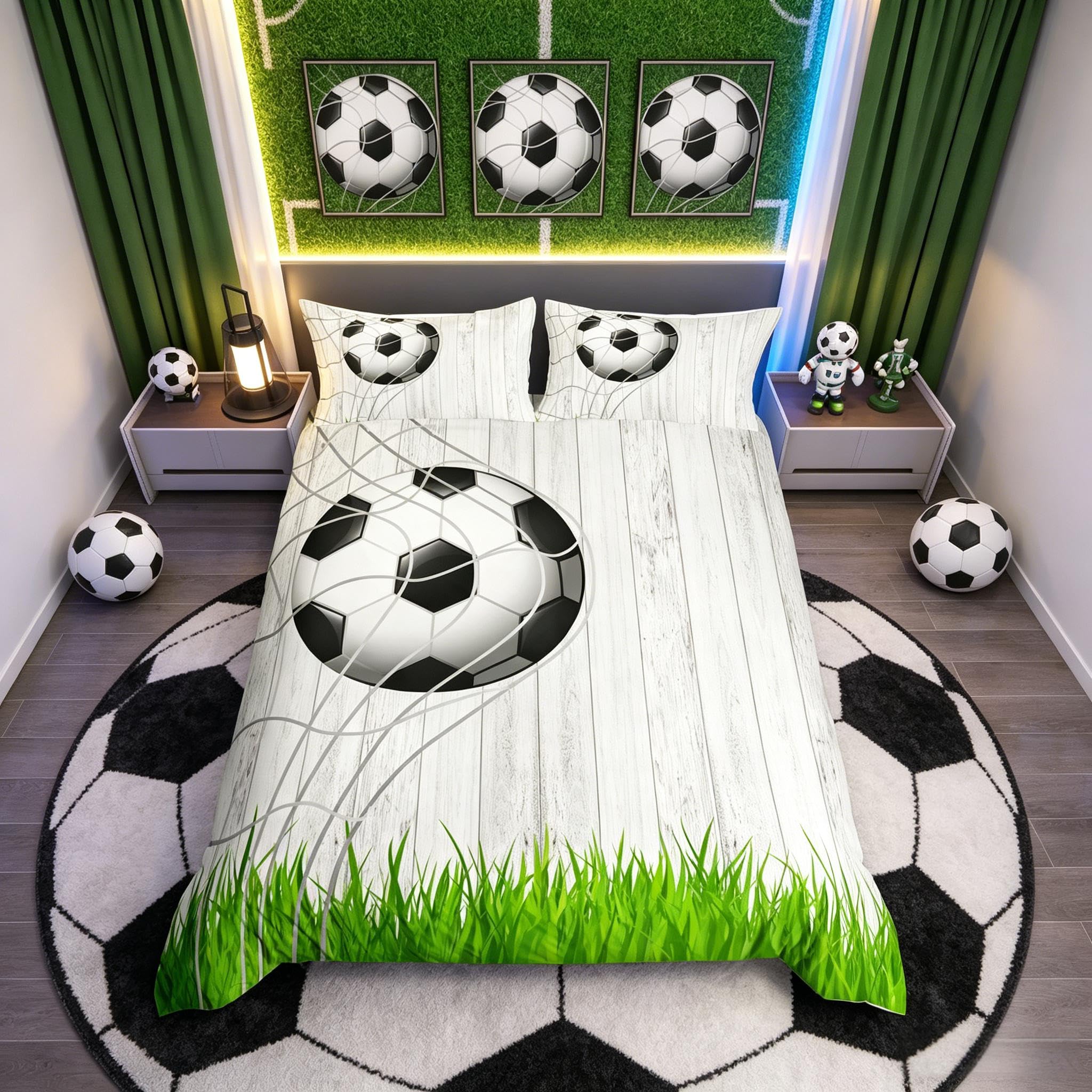 Biancheria da letto da calcio King Sports Theme Set di biancheria da letto Bambini 3D Calcio Colpo Copripiumino Set in microfibra Adulti Venature del legno Decor Copripiumino