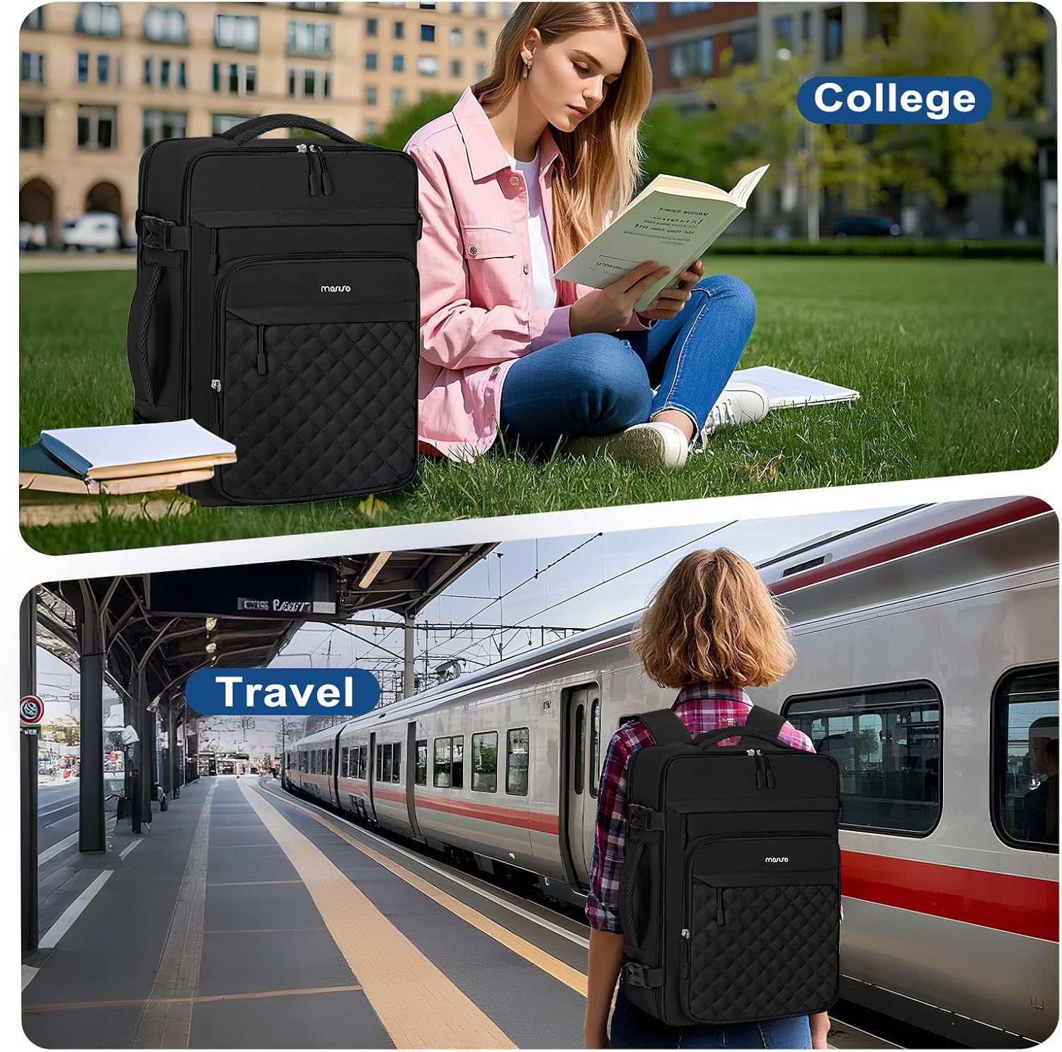 MOSISO Travel Backpack for Women Men, 15-15.6 inch Rhombus Quilted Laptop Backpack Flight Approved with Packing Cubes, 16 inch Carry on Daypack with USB Port for College Work Business, Black - Image 7