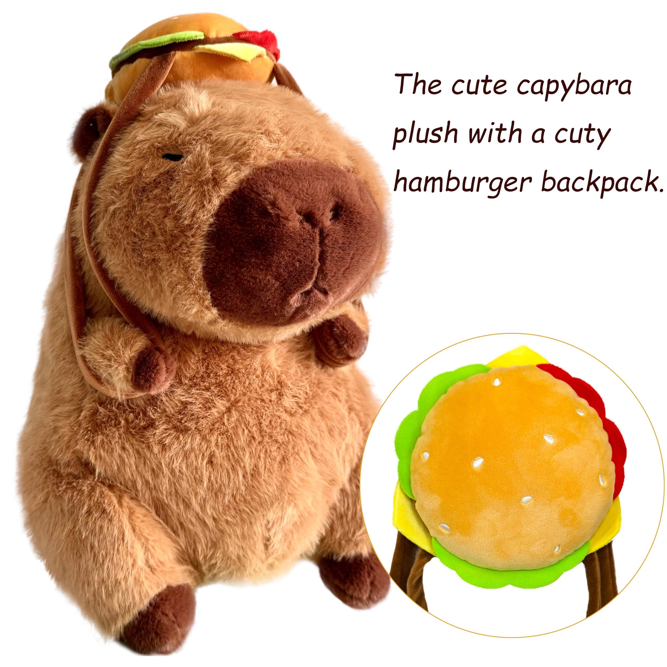 Tanha Capybara Plush Toy, Soft Cute Capybara Stuffed Animal - 33cm / 13inch with Hamburger Backpack, Brown - Burger, 33 cm - Image 3