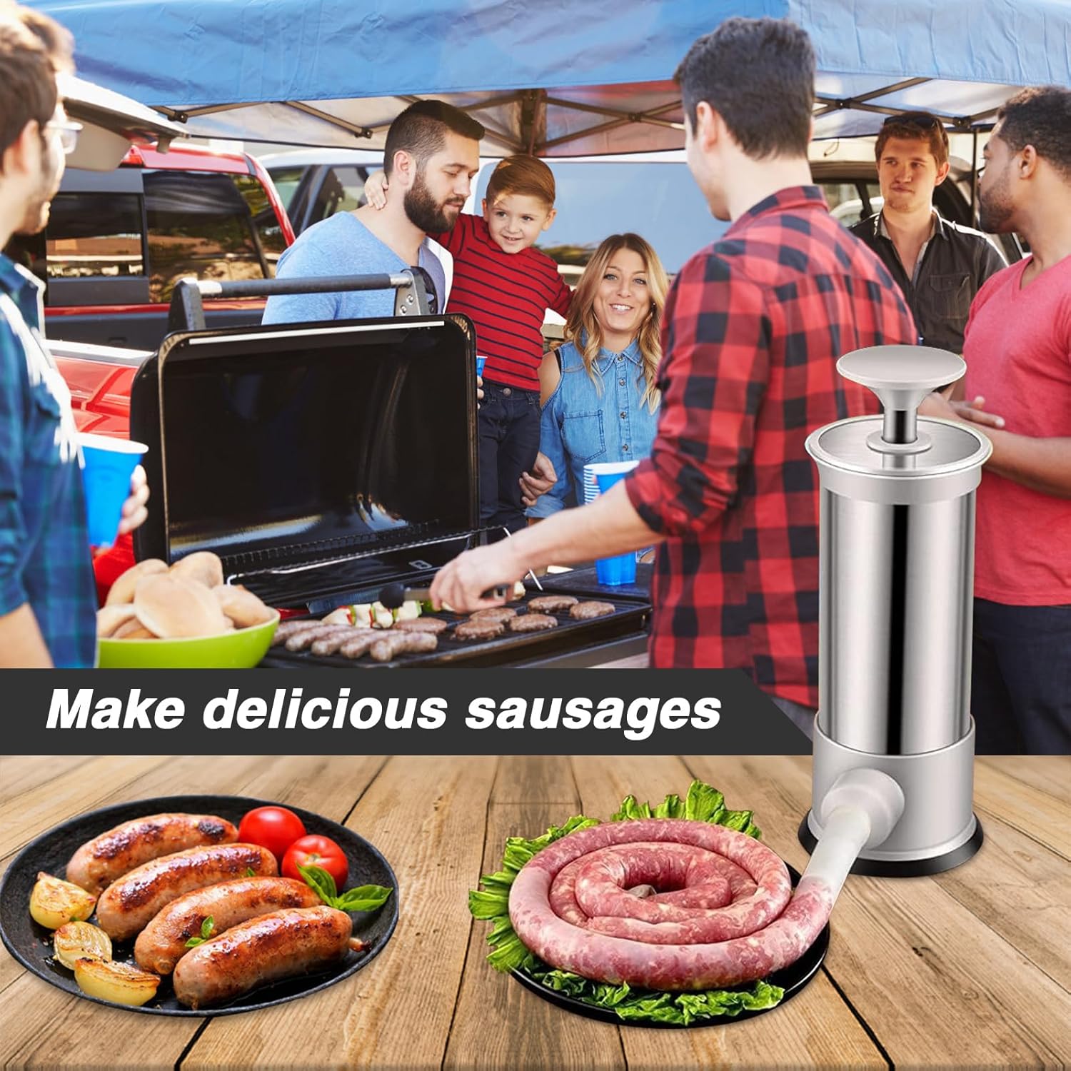 Sausage Stuffer, Kitchen Homemade Sausage Machine with 4 Stuffing Tubes, Vertical Sausage Maker Fast Sausage Filling, 2.2LBS, White