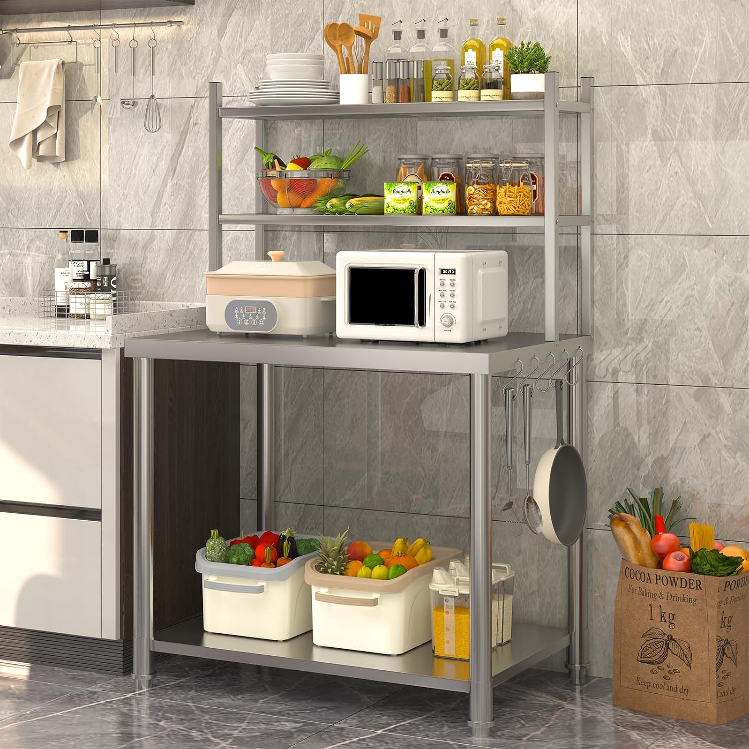 UNIONLINE Edelstahl Arbeitstisch 76x60x138cm, Gewerblicher Küchentisch mit 2 Oberablagen, Catering Vorbereitungstisch für Outdoor Küche & Pizzaofen