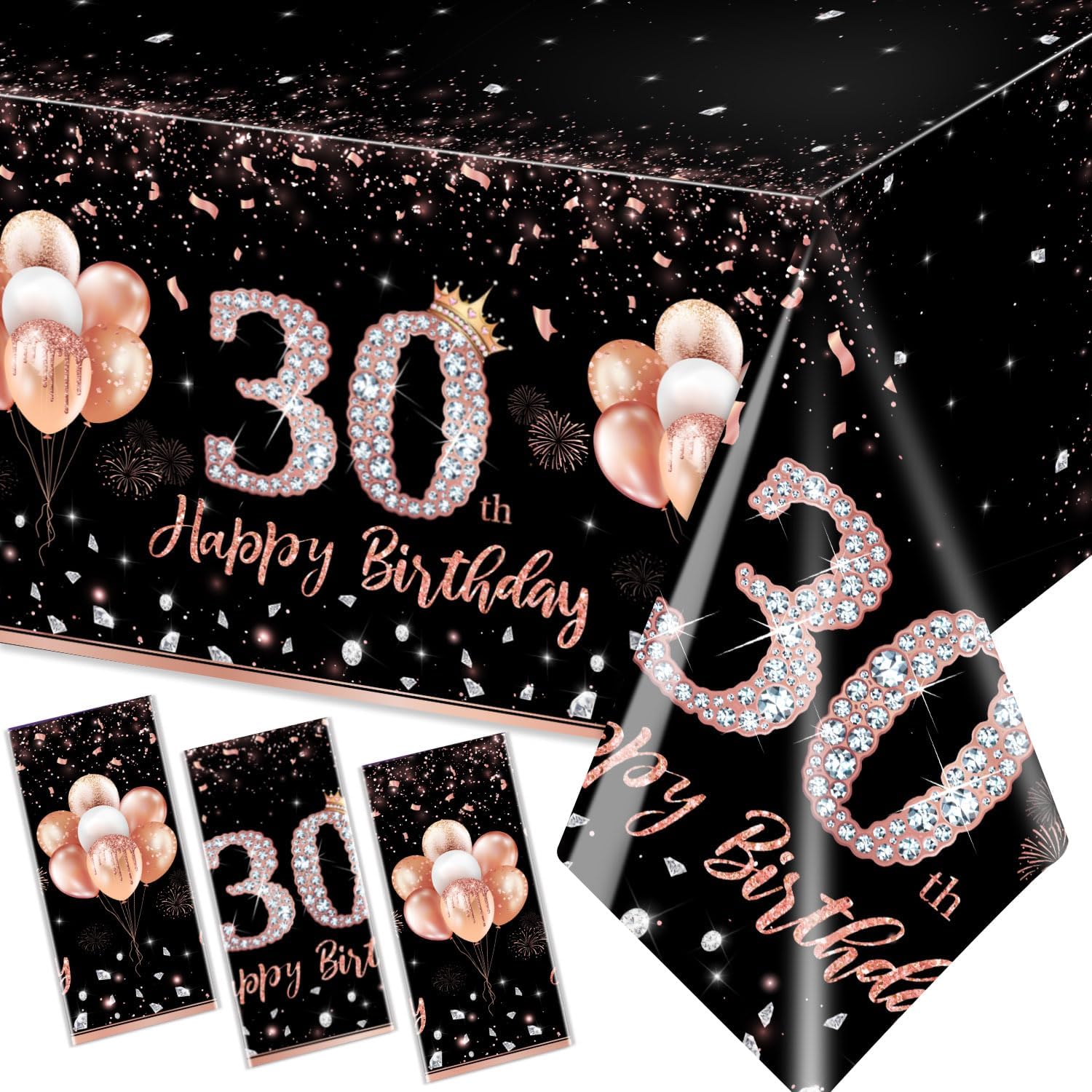 GREHUMOR 3 manteles de 30 cumpleaños de color oro rosa para mujer, suministros de fiesta de cumpleaños de 30 años, decoraciones de mesa