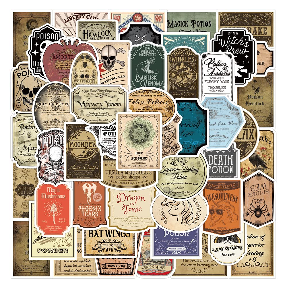 50PCS Potion Labels Stickers, Vinyl Waterproof Halloween Wine Bottle Glassy Bottle Stickers for Water Bottle, Laptop, Cup, Skateboard, Phone,Teens Adults