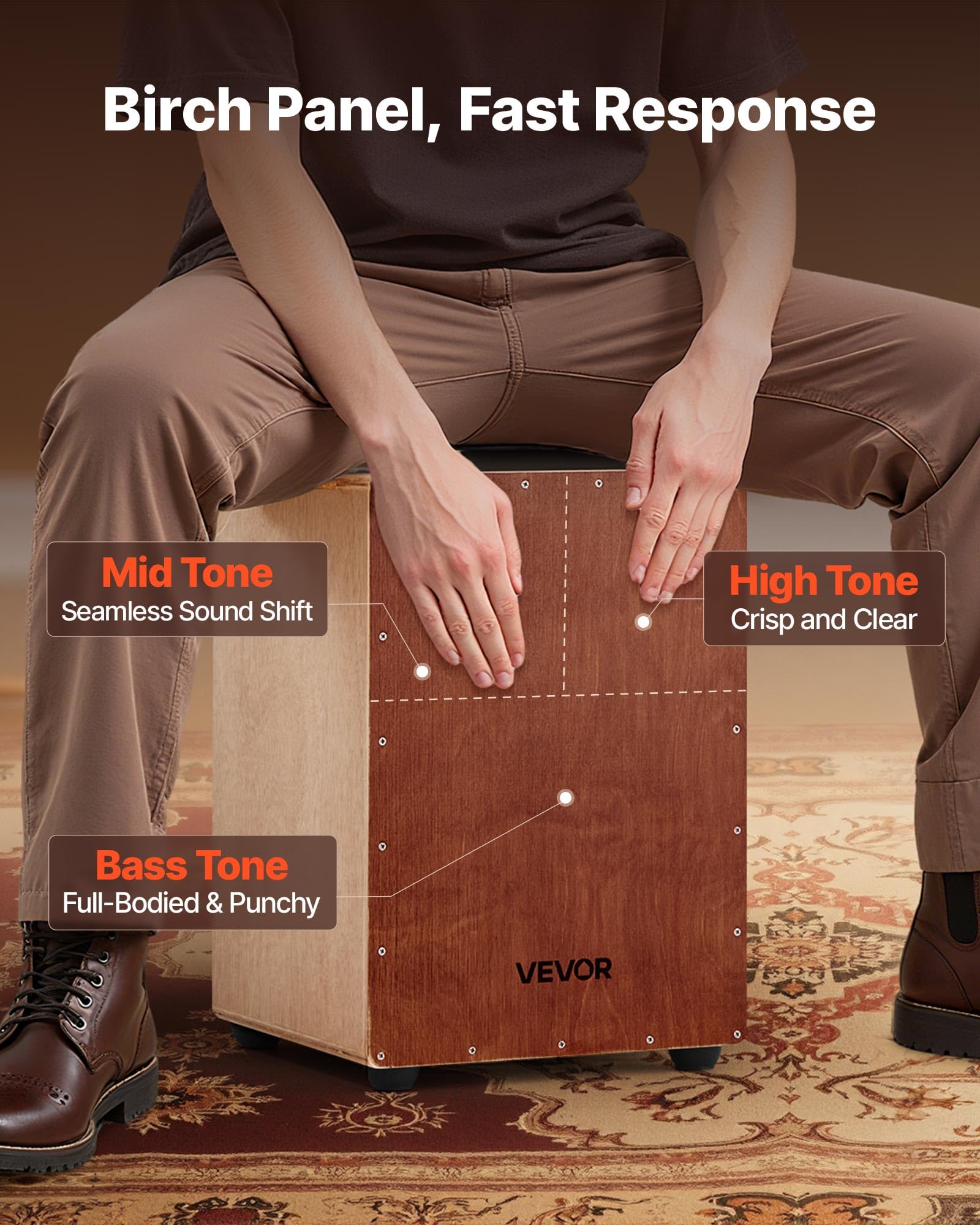 VEVOR Cajon Box Drum, Con Cordiere Rullanti Interni, Scatola di Percussioni in Legno Leggera, Strumento Musicale Portatile in Legno di Betulla con Borsa da Viaggio, 305 x 305 x 430 mm