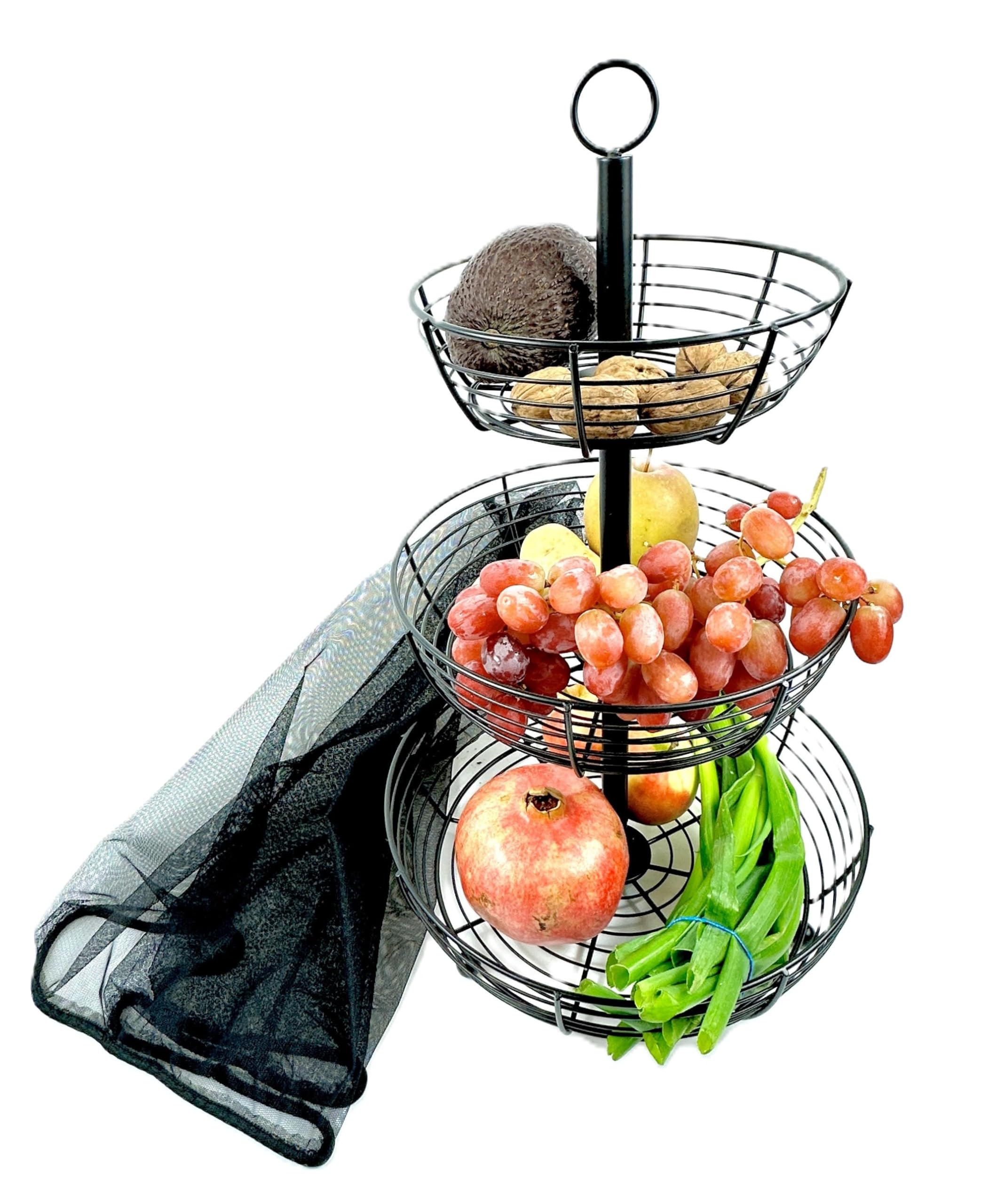 3-stöckige - Obstschale mit Insektenschutz – Schwarz - runde Teller Ø29 cm, Höhe 47 cm – Obstkorb - Obstständer -für Obst & Snacks - Gemüse -