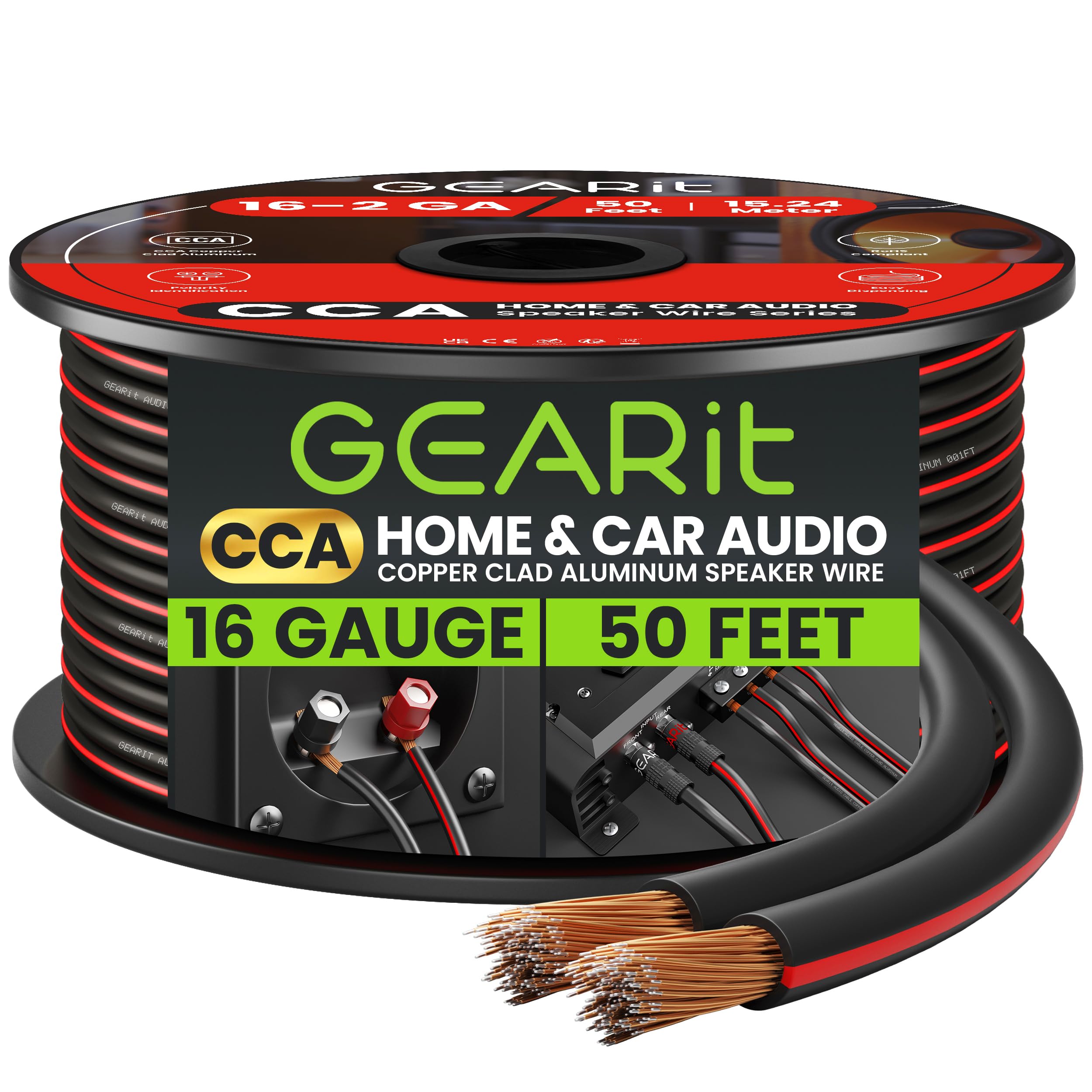 GearIT 16AWG Speaker Wire, Pro Series 16 Gauge Speaker Wire Cable (50 Feet / 15.24 Meters) Great Use for Home Theater Speakers and Car Speakers, Black